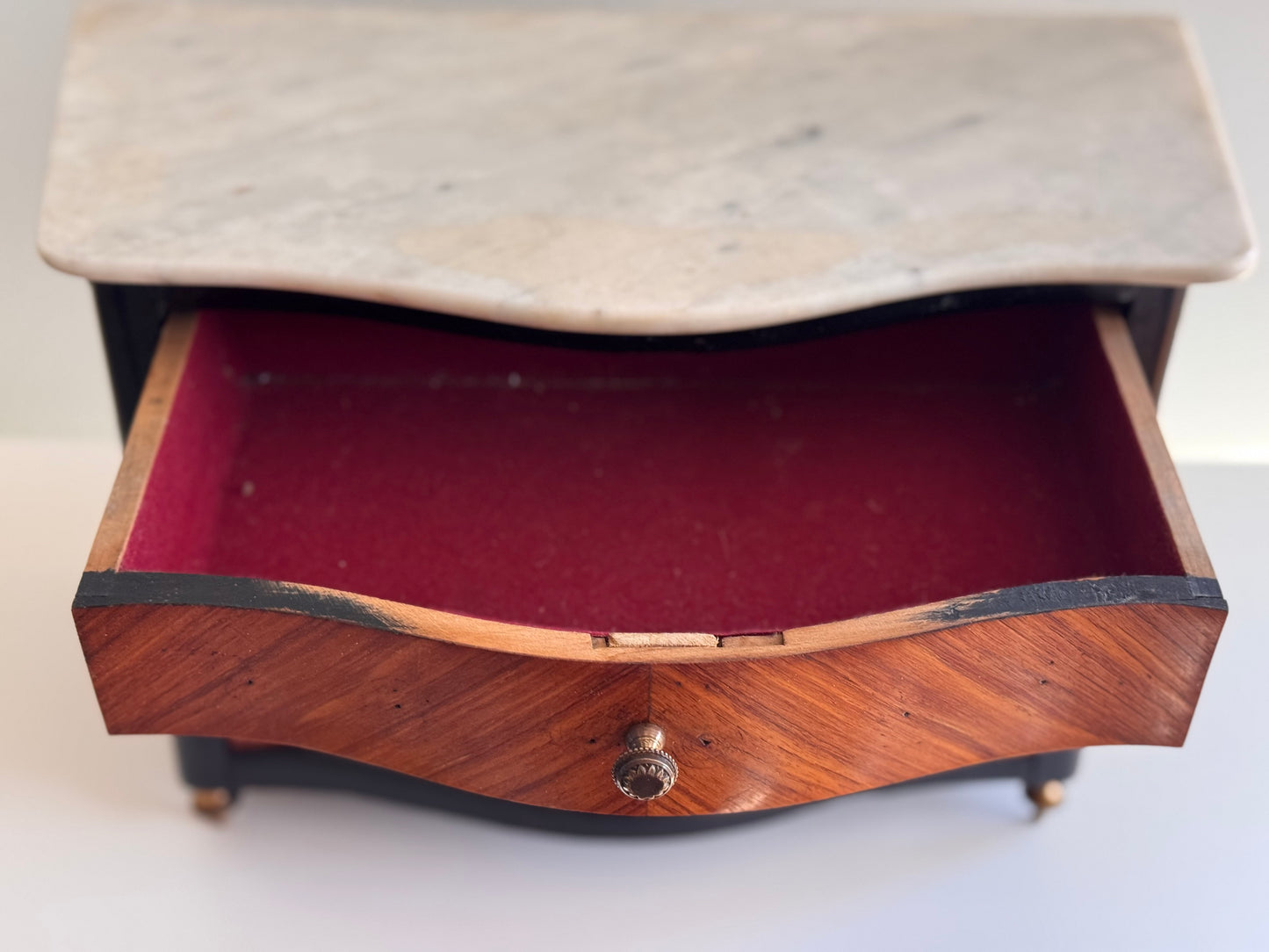 Antique Victorian French Napoleon III Marquetry Wood Marble Brass Salesman Sample Commode Dresser