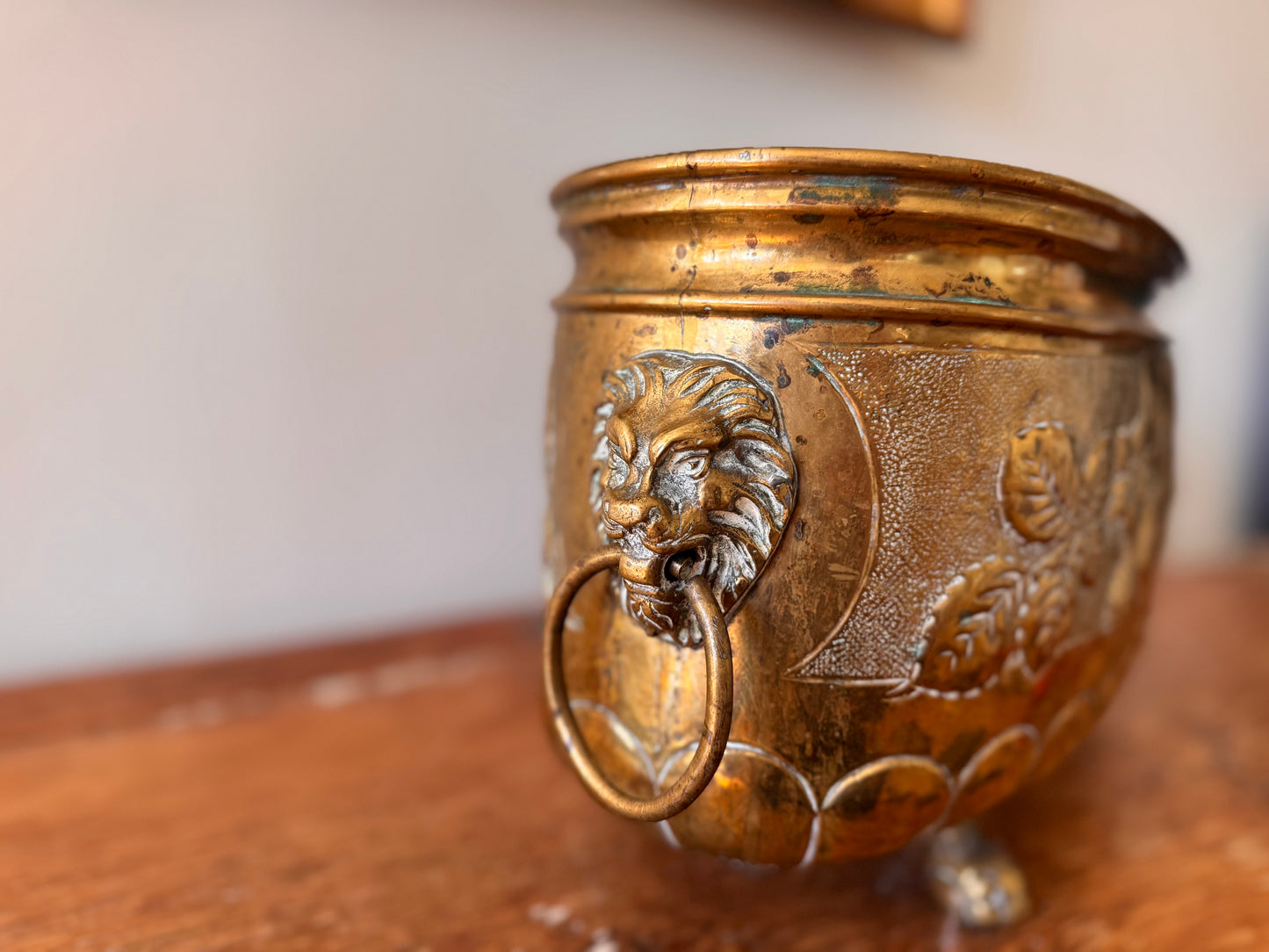 Antique Large French Brass Jardiniere Planter Leaves Flowers Lion Heads