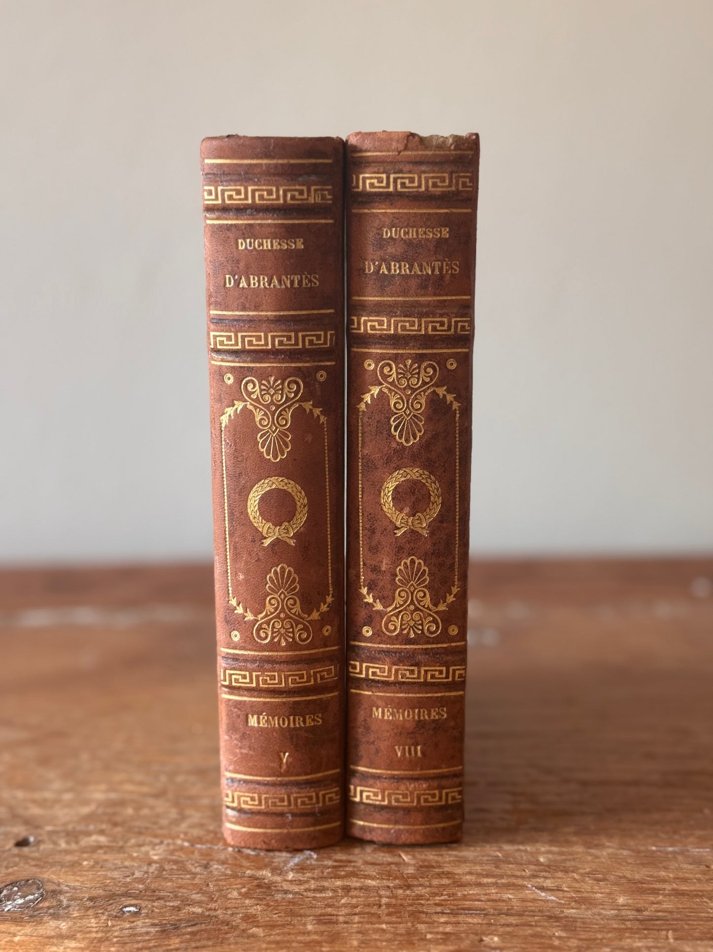 Antique French Book Set Duchesse D’Abrantes Leather Marble Binding Laurel Wreath