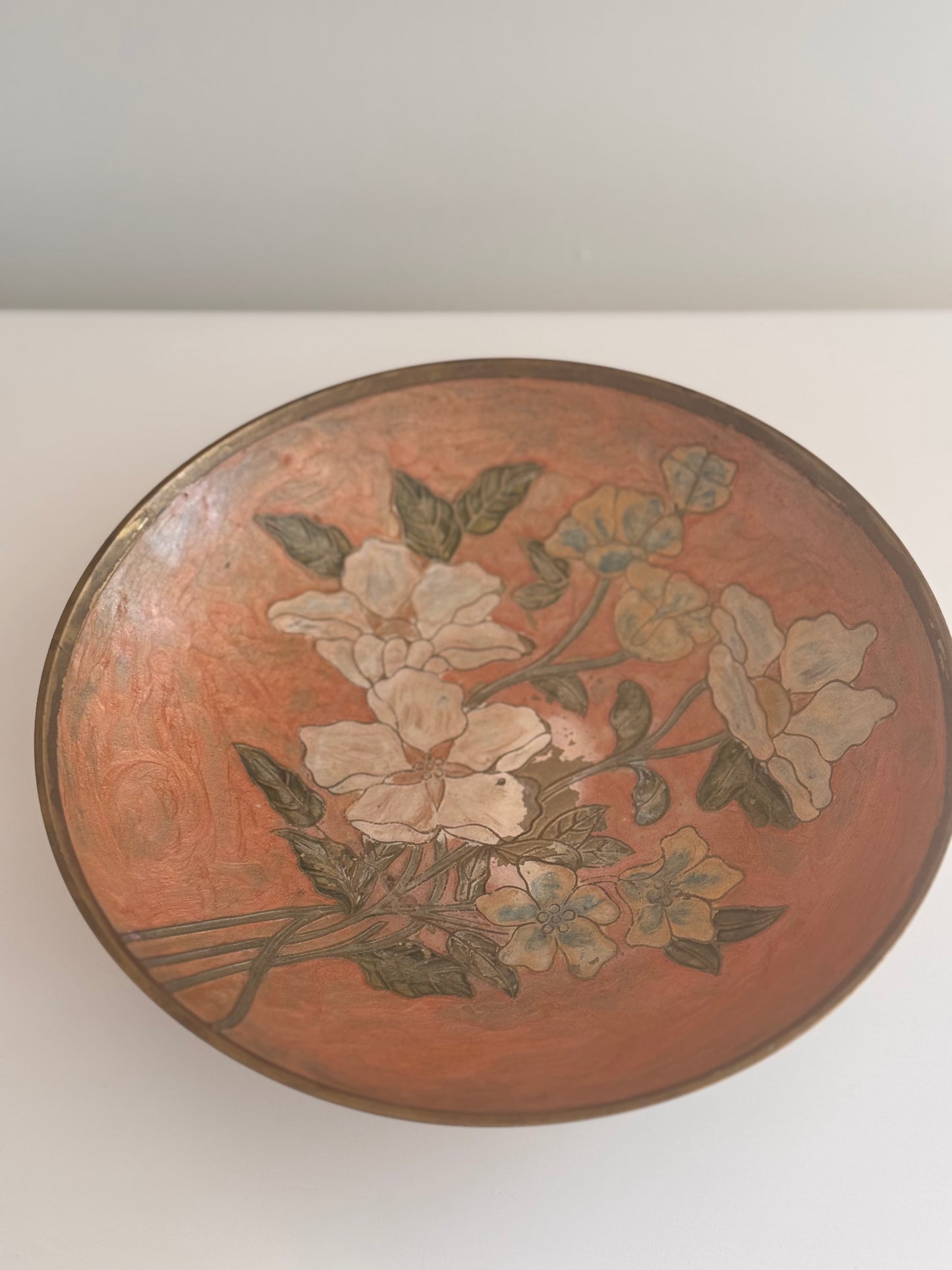 Vintage Brass Cloisonné Floral Pink Peach Pedestal Bowl Centerpiece