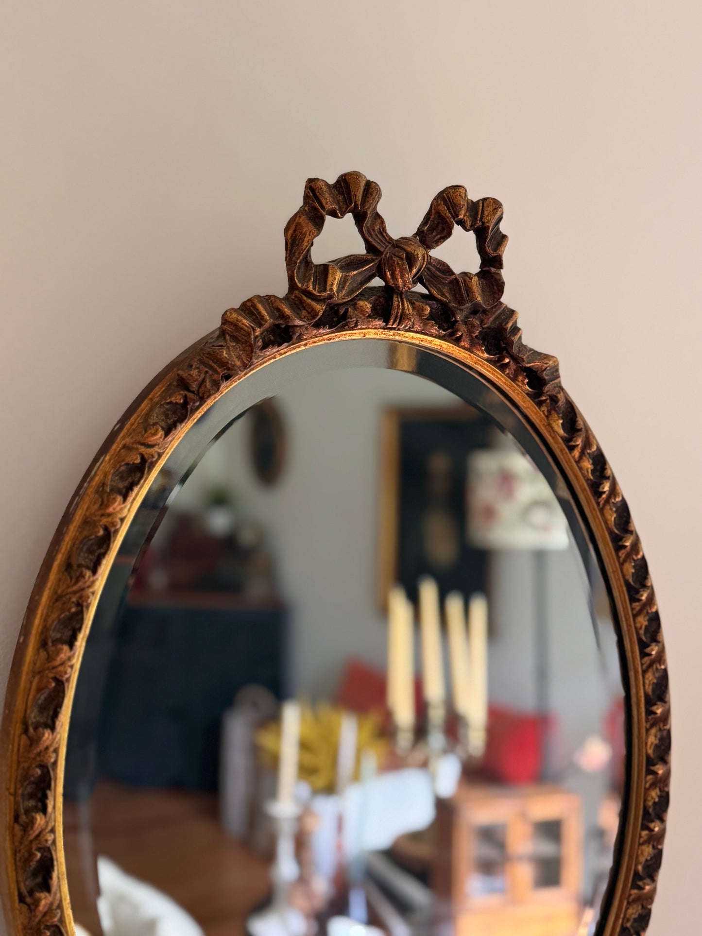 Vintage French Gold Gilded Bow Mirror Beveled Glass