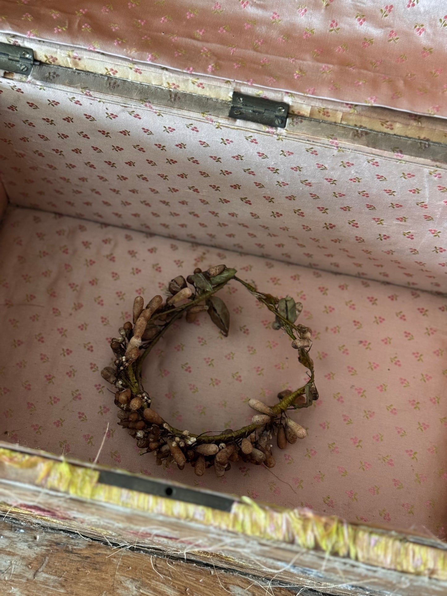 Antique Late 18th Century French Wedding Bridal Box Silk Fabric & Crown