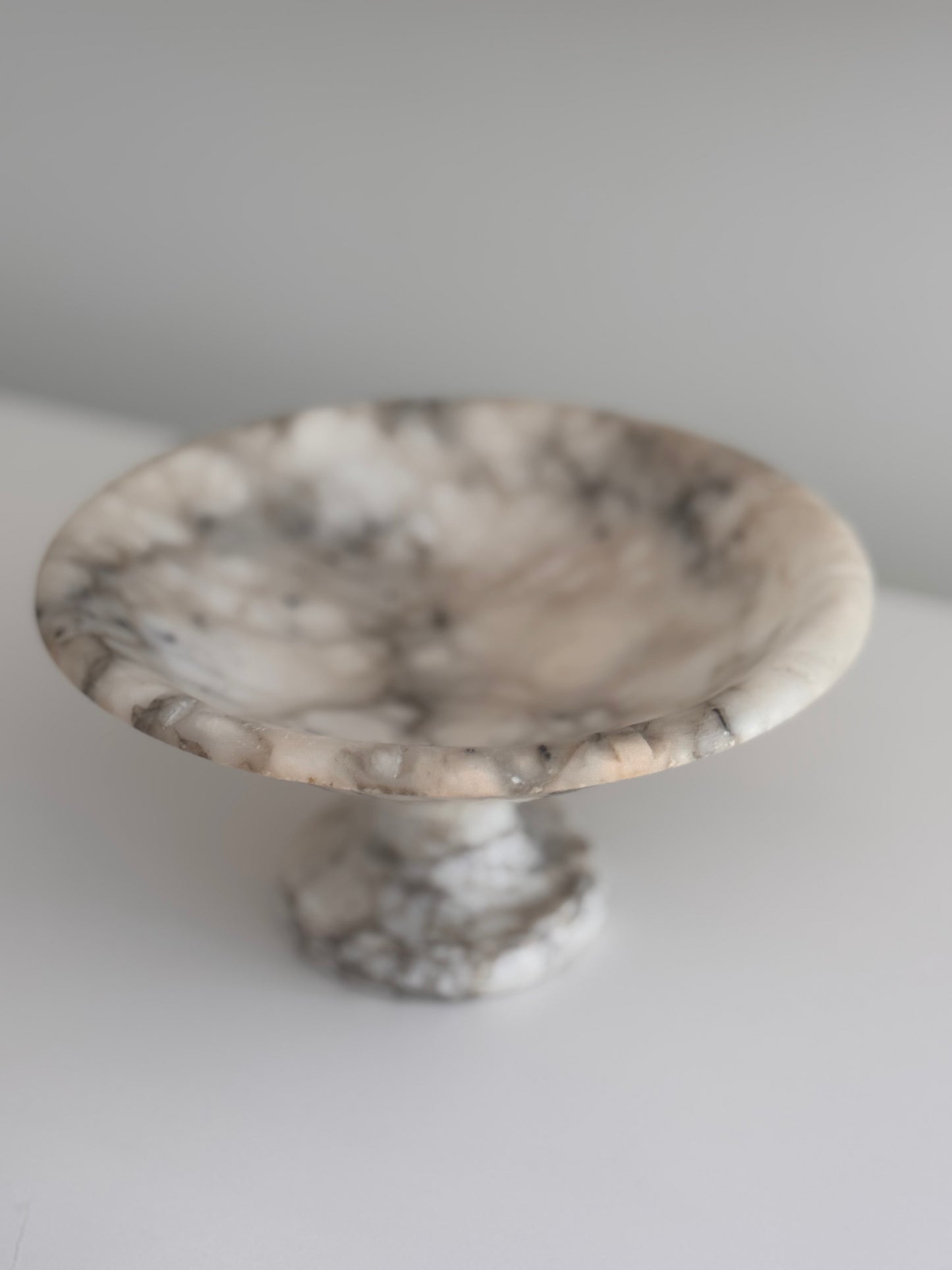 Vintage Alabaster Marble Pedestal Compote Bowl Gray White Veining