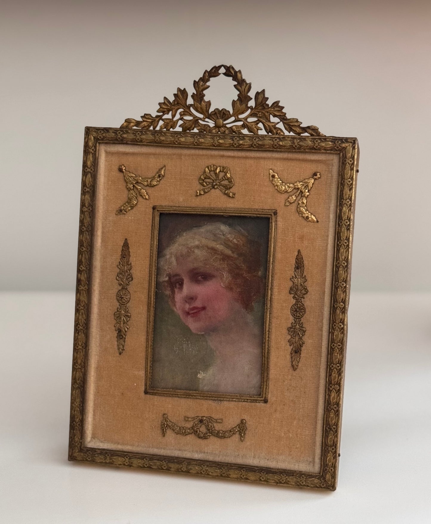 Antique French 19c Ormolu Brass Frame Female Oil Painting Portrait