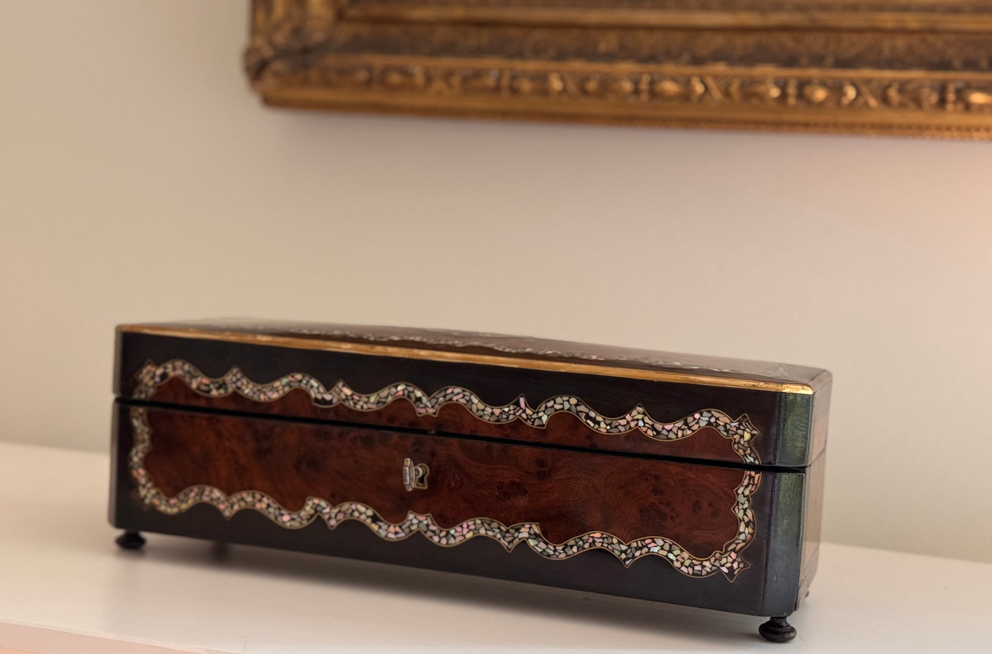 Antique French Burl Wood Mother of Pearl Marquetry Glove Box With Silk Lining