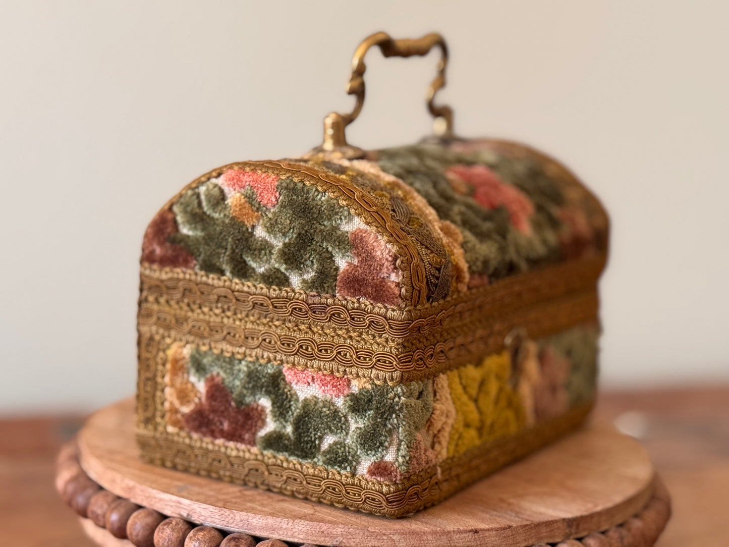 Vintage Italian Floral Tapestry & Brass Domed Trinket Jewelry Box
