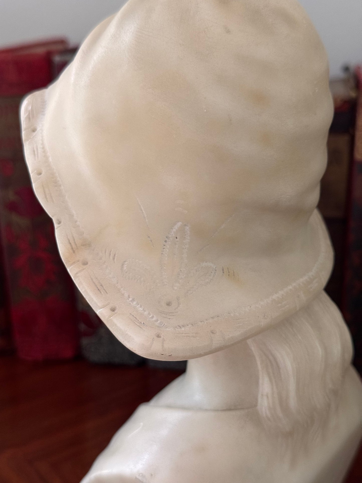 Antique Italian Alabaster Marble Bust Of A Young Girl Woman With Hat