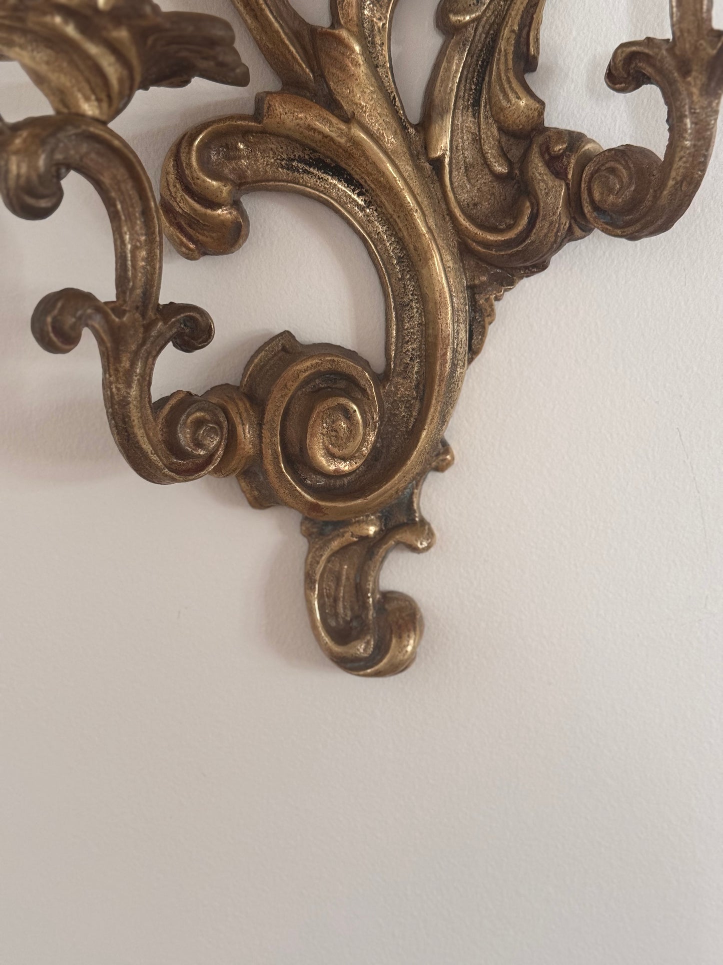 Vintage Solid Brass Baroque French Style Candle Wall Sconce Floral Ornate