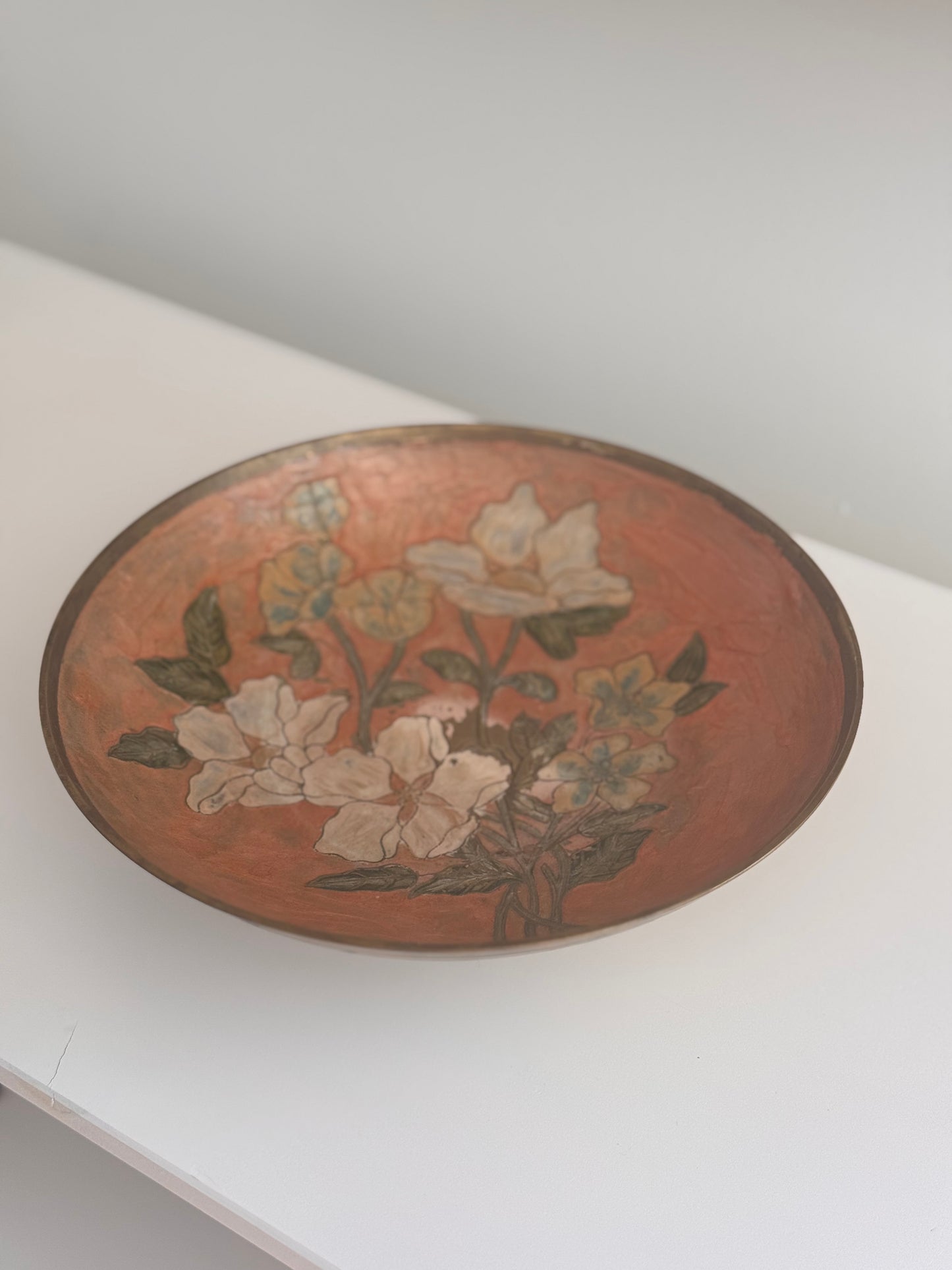 Vintage Brass Cloisonné Floral Pink Peach Pedestal Bowl Centerpiece