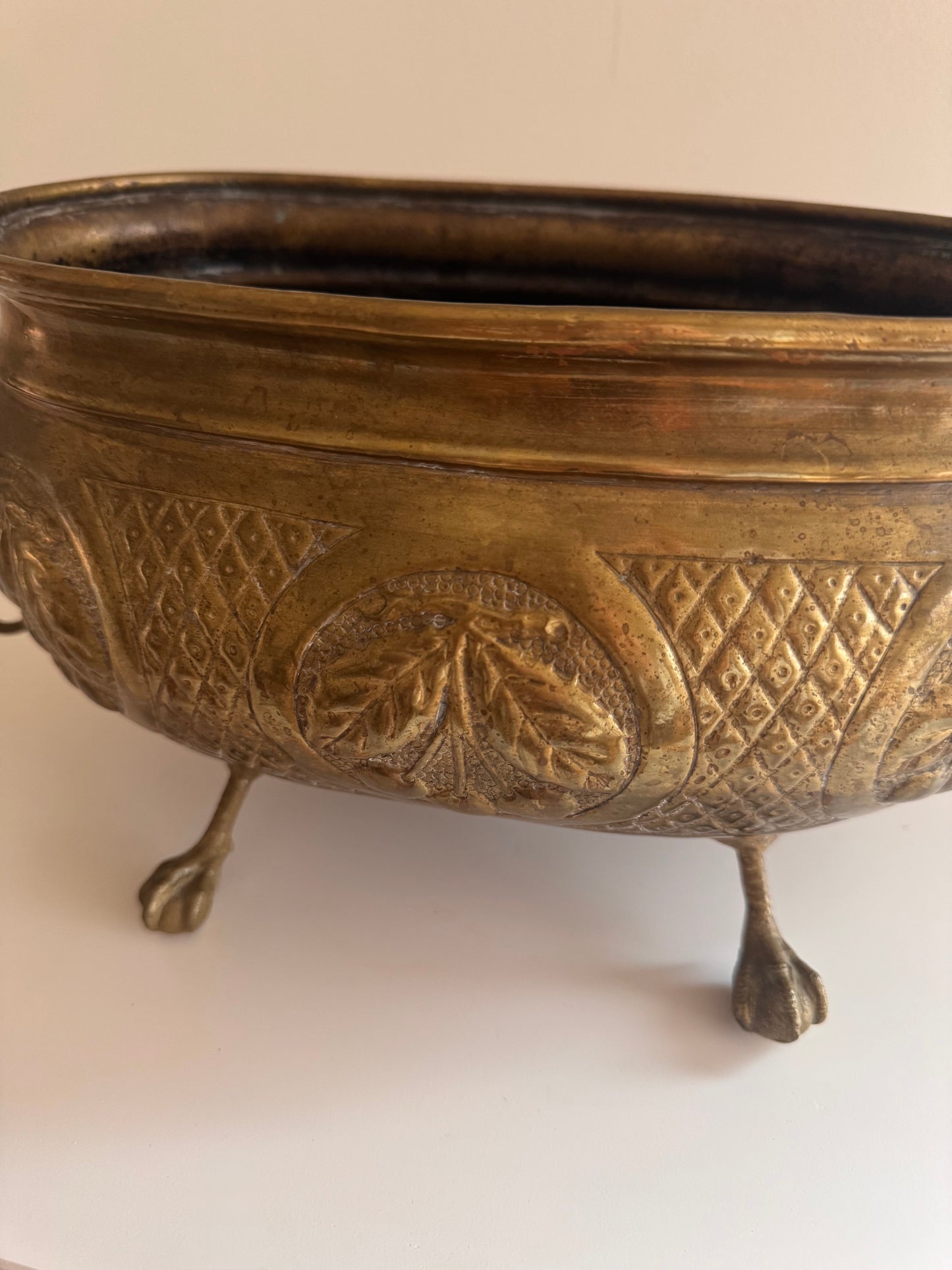 Antique French Brass Jardiniere Planter Cherries Leaves Lion Heads