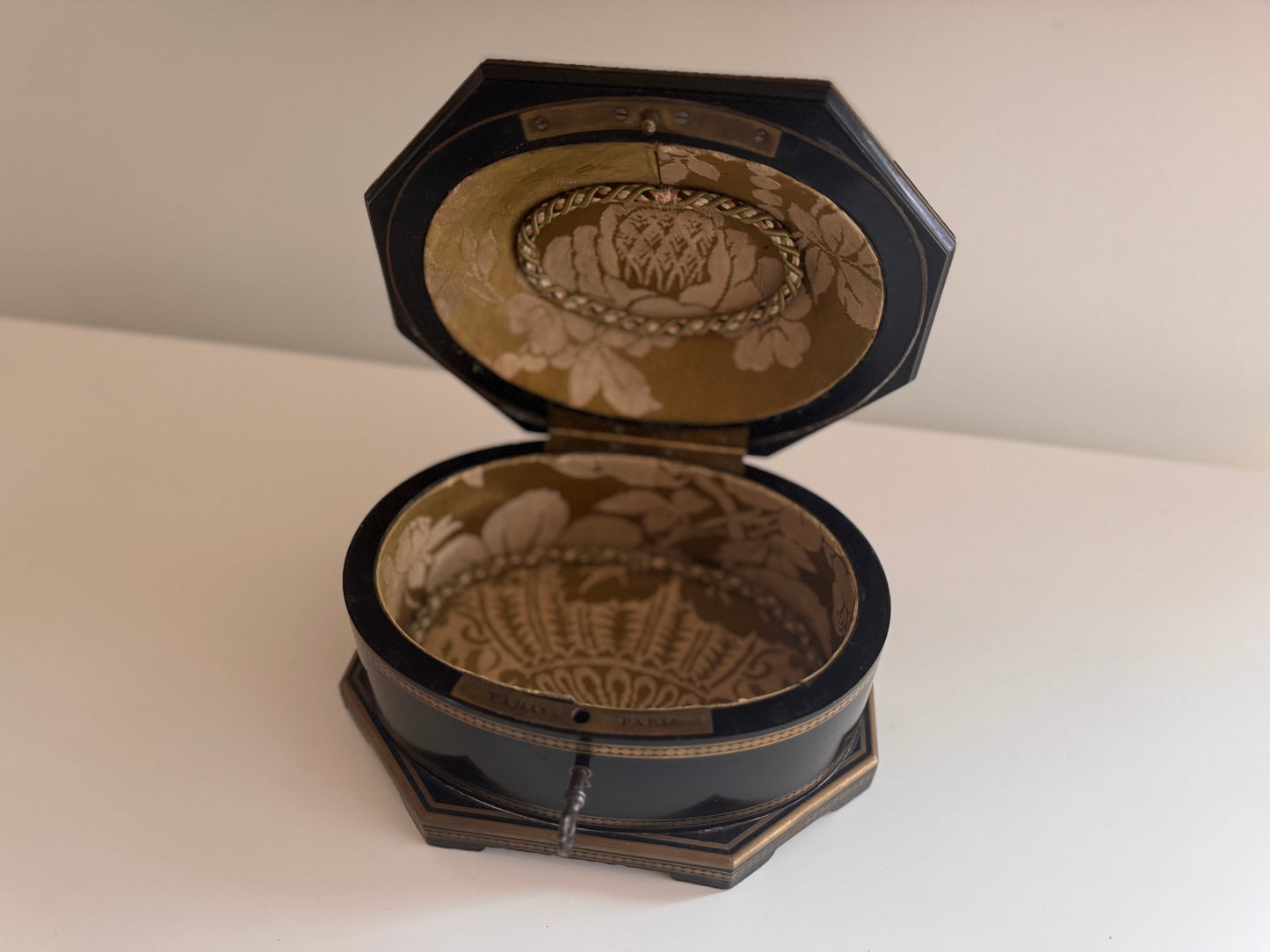 Antique 19c French Tahan Signed Blackened Wood & Brass Jewelry Box With Key