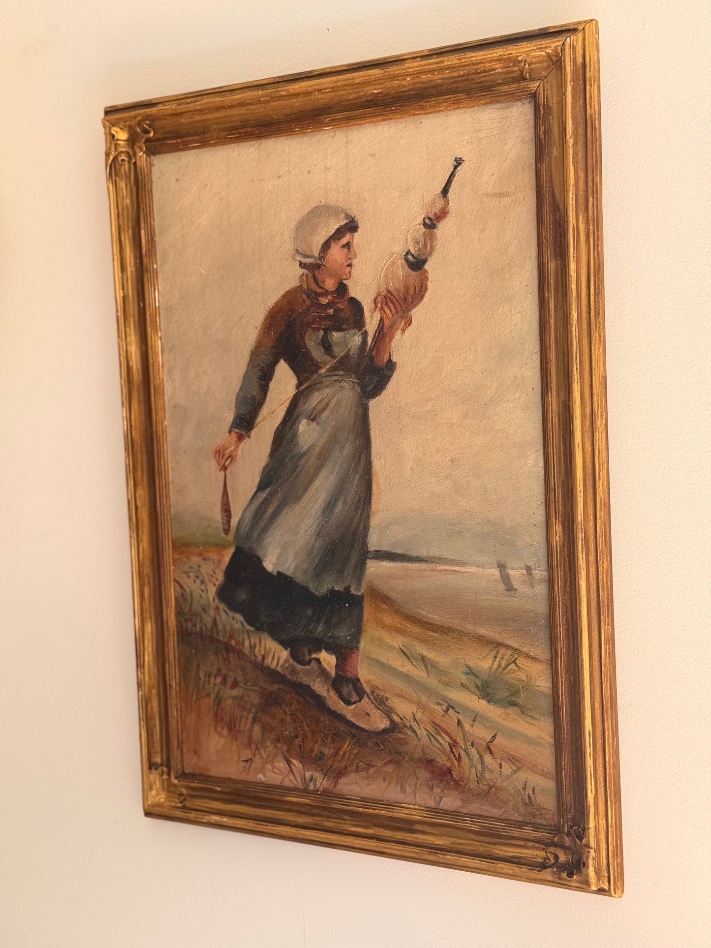Antique 19c Oil on Board Portrait After Walter Satterlee’s The Spinner Painting