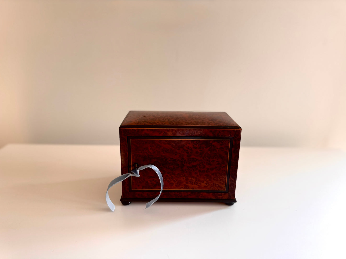 Antique French Burl Wood Marquetry Trinket Box Desk Caddy w/Working Key