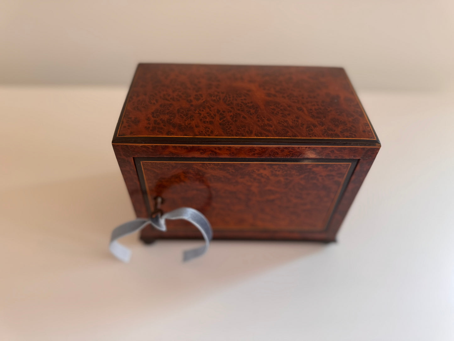 Antique French Burl Wood Marquetry Trinket Box Desk Caddy w/Working Key