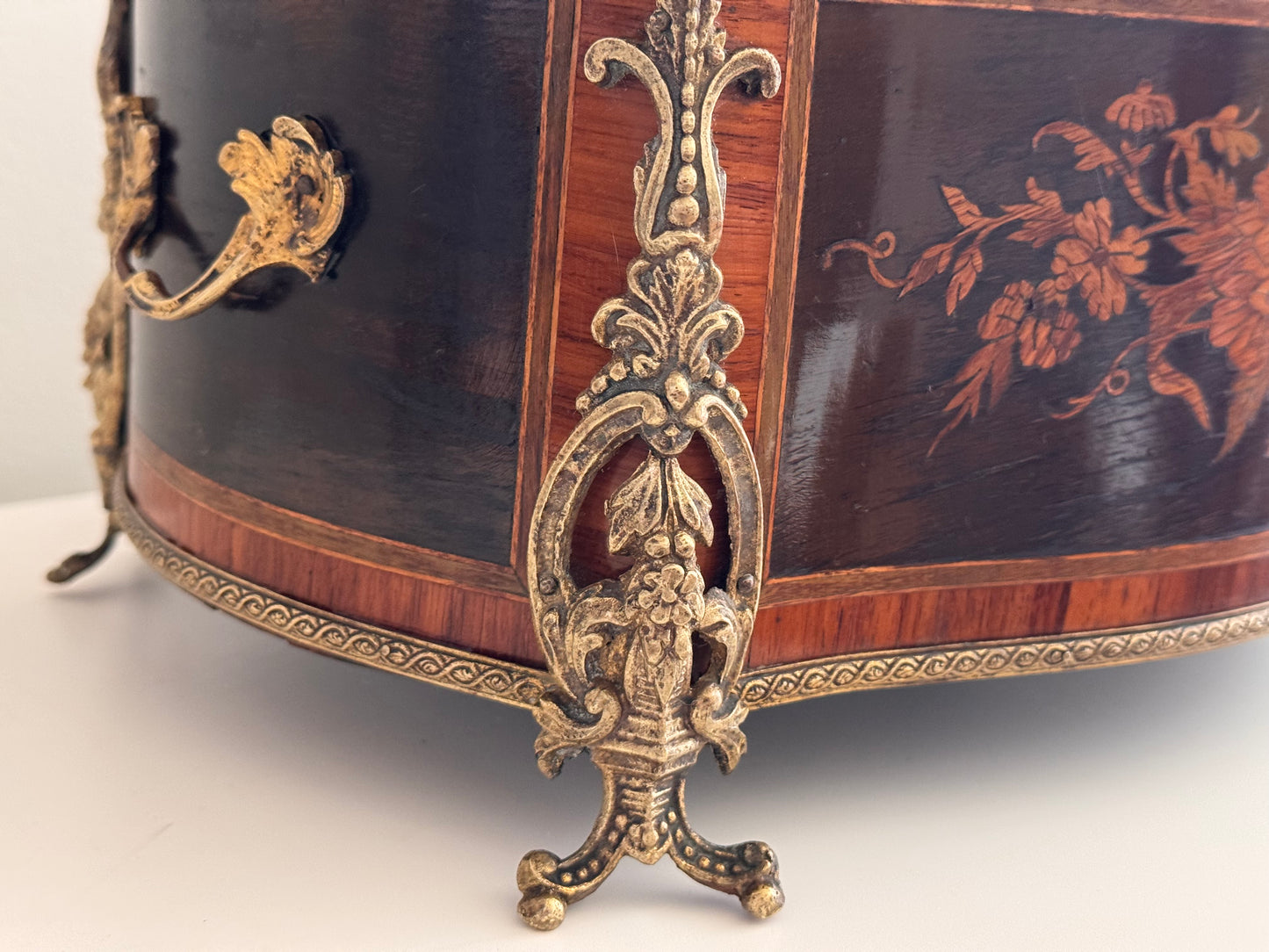 Antique 19c French Napoleon III Floral Marquetry Wood & Bronze Jardiniere Planter