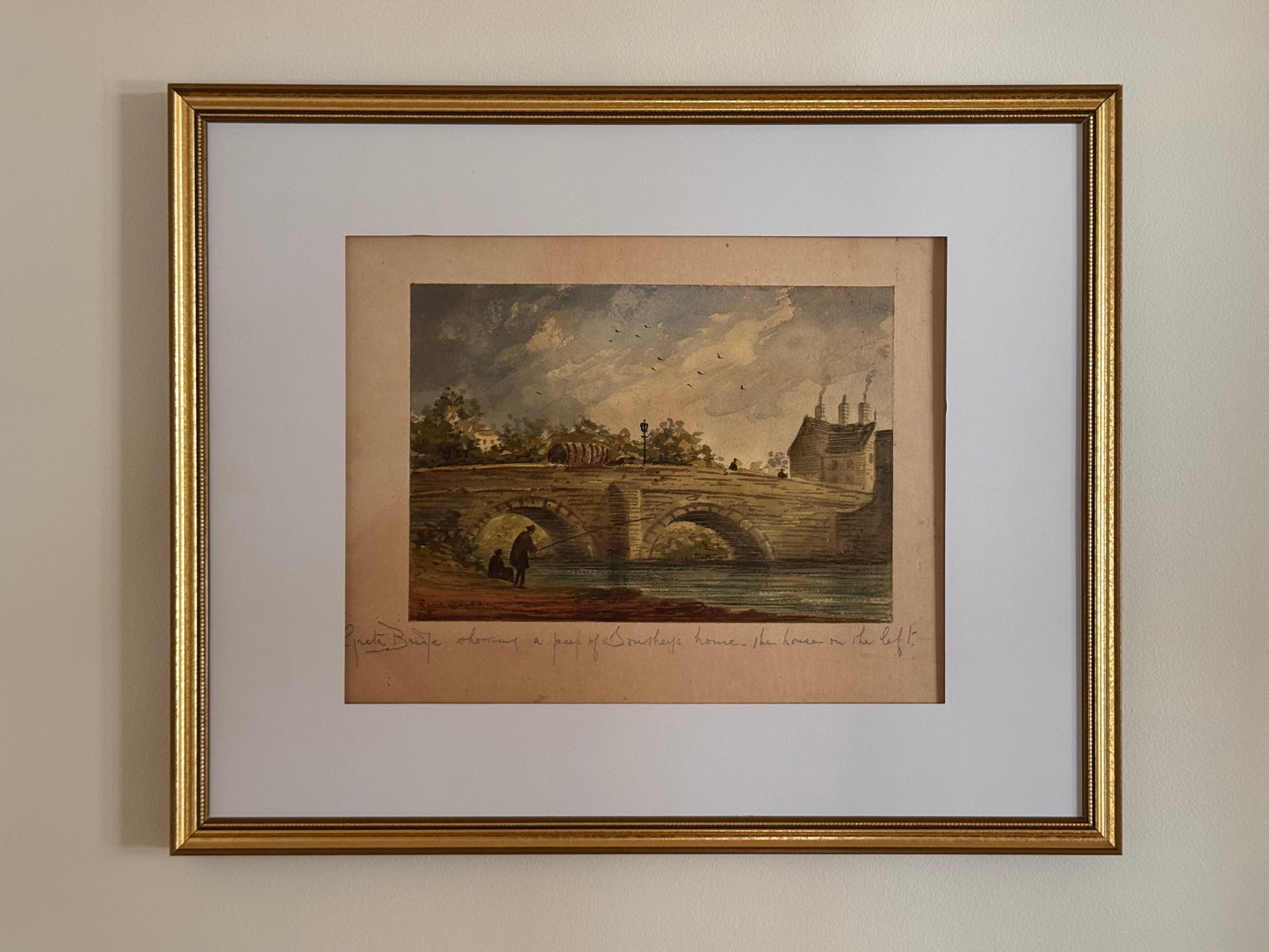 Antique Paul Braddon English Watercolor Robert Southey Bridge House Landscape