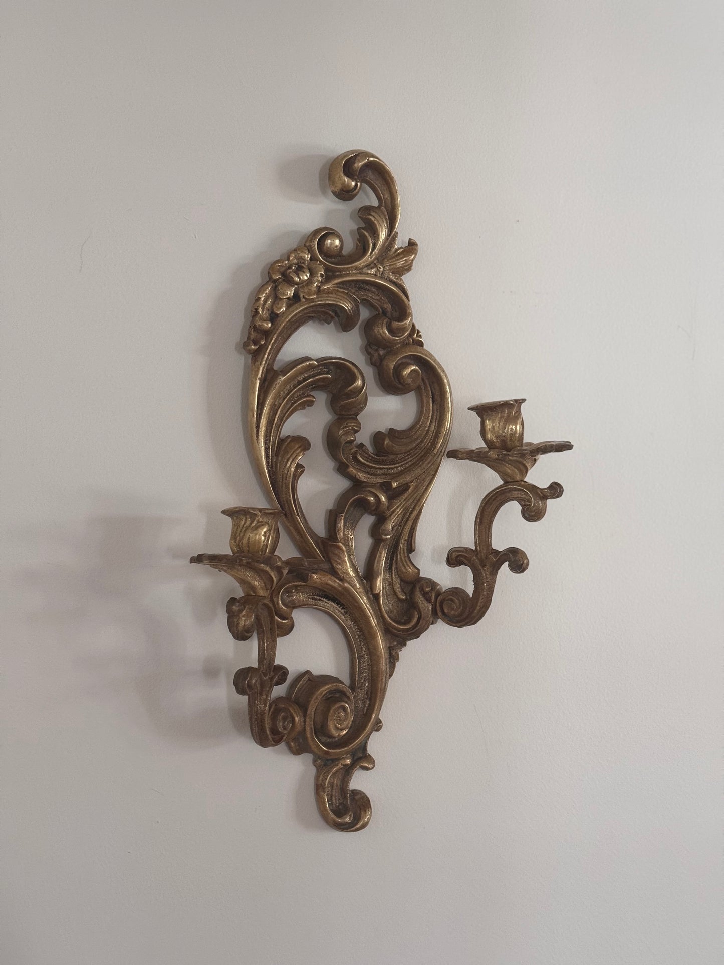 Vintage Solid Brass Baroque French Style Candle Wall Sconce Floral Ornate