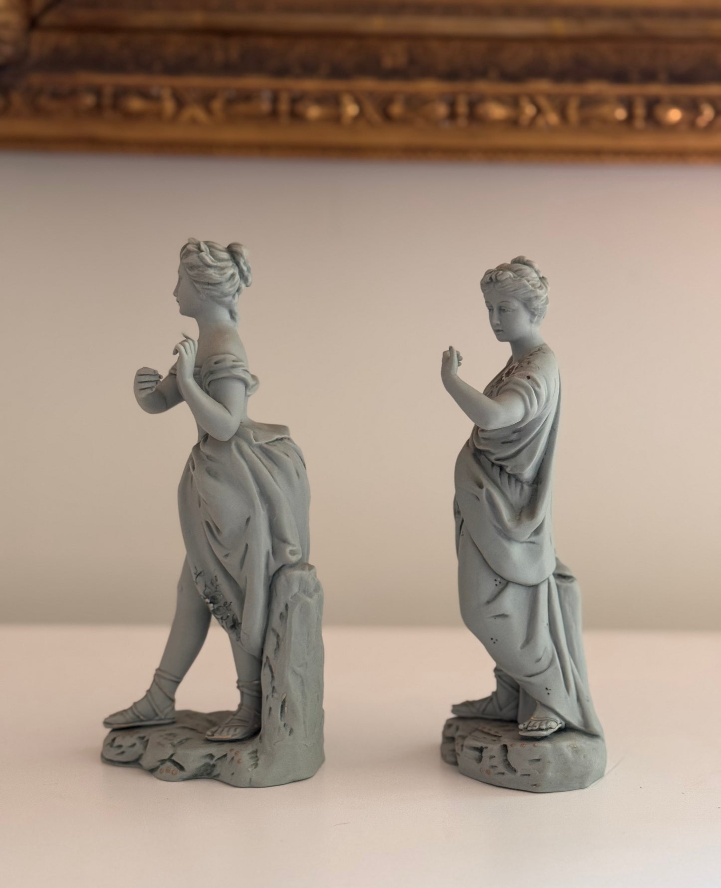 Antique 19c Stamped Meissen German Women Figurines Floral Detail Hand Painted Pair of 2