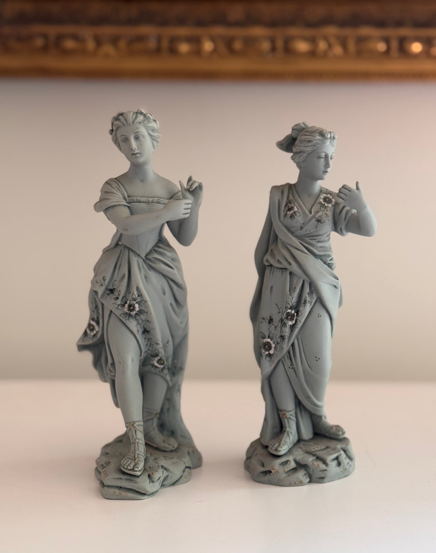 Antique 19c Stamped Meissen German Women Figurines Floral Detail Hand Painted Pair of 2