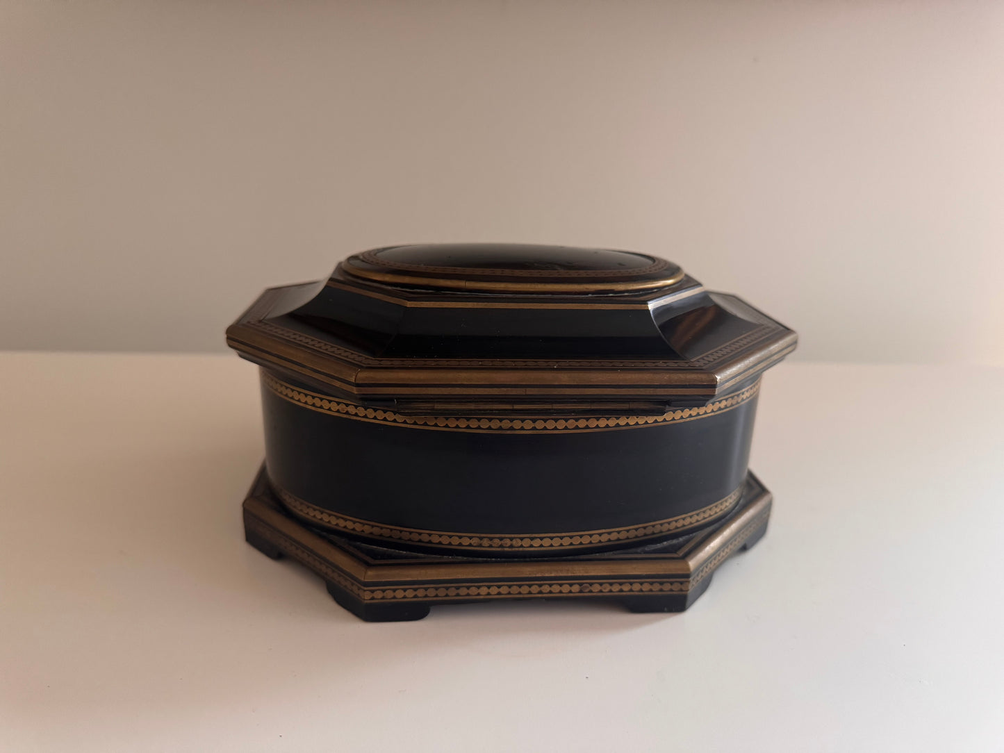 Antique 19c French Tahan Signed Blackened Wood & Brass Jewelry Box With Key