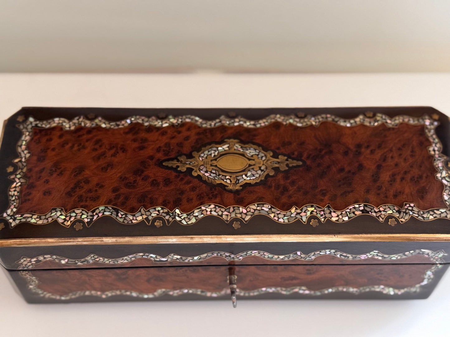 Antique French Burl Wood Mother of Pearl Marquetry Glove Box With Silk Lining