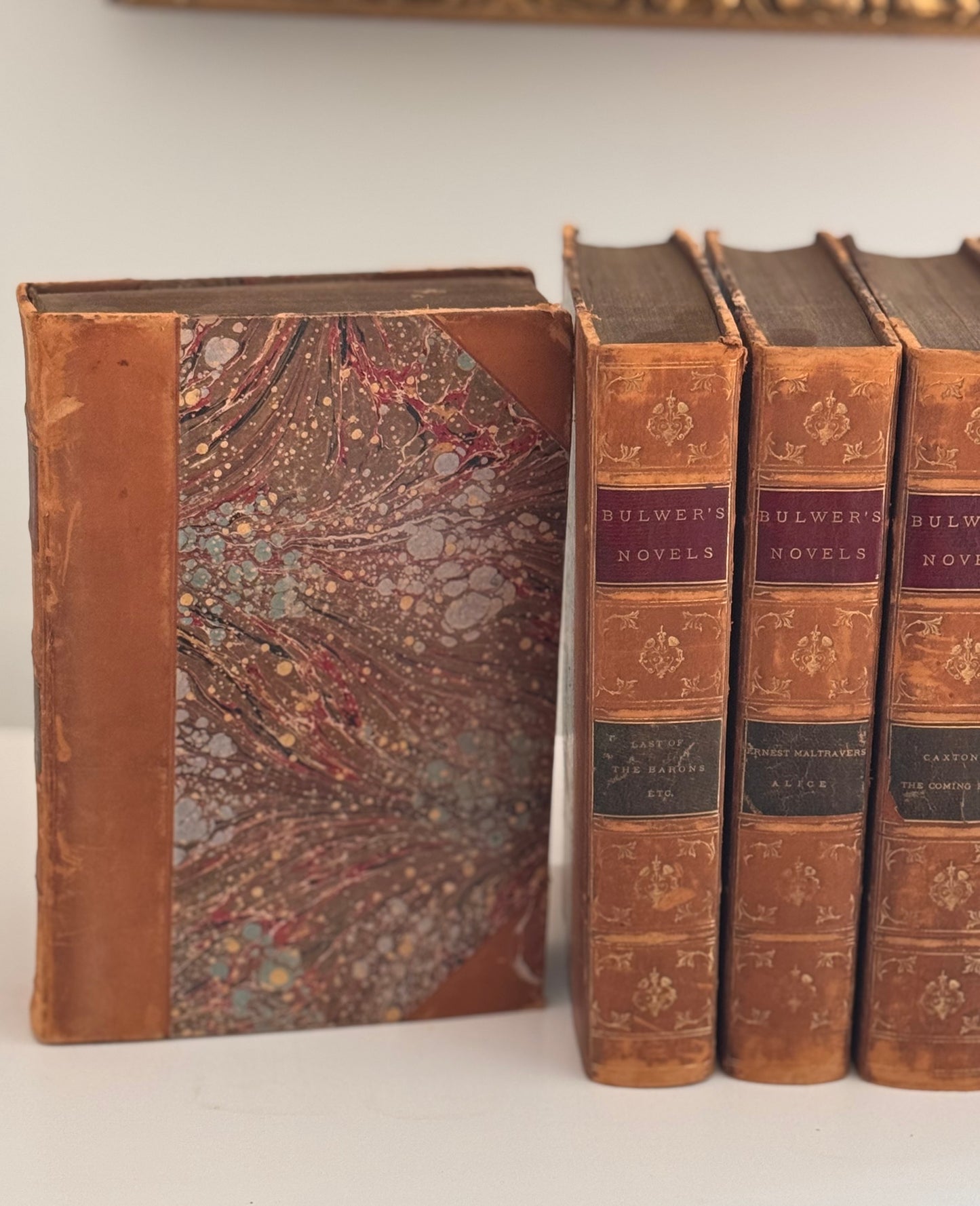 Antique 19c Set of 7 Bulwer’s Novels Circa 1882 Half Leather Marbled Last Days of Pompeii Etc