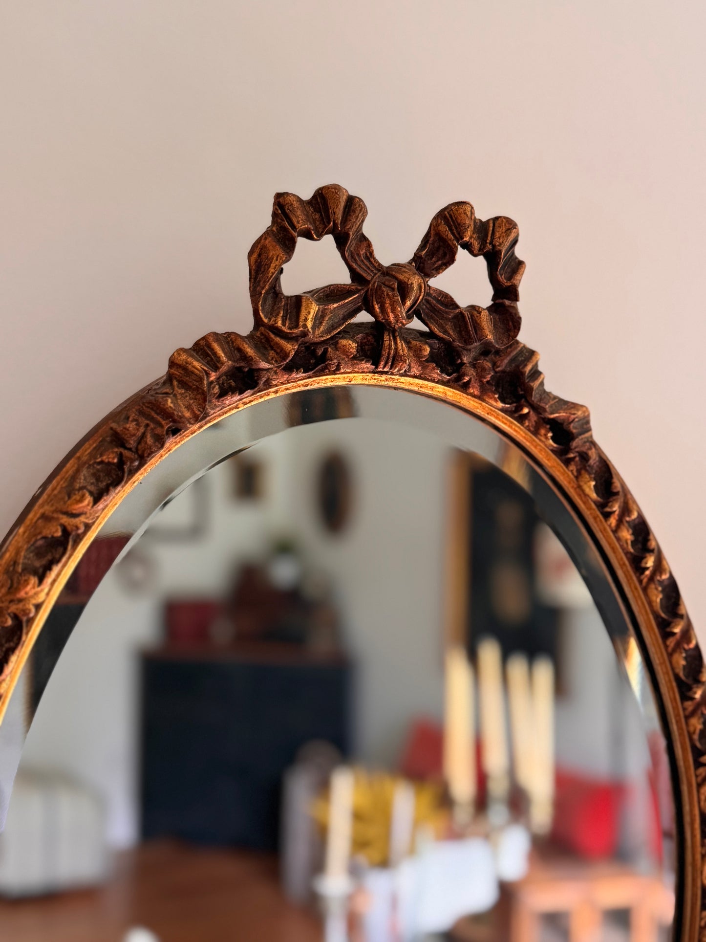 Vintage French Gold Gilded Bow Mirror Beveled Glass