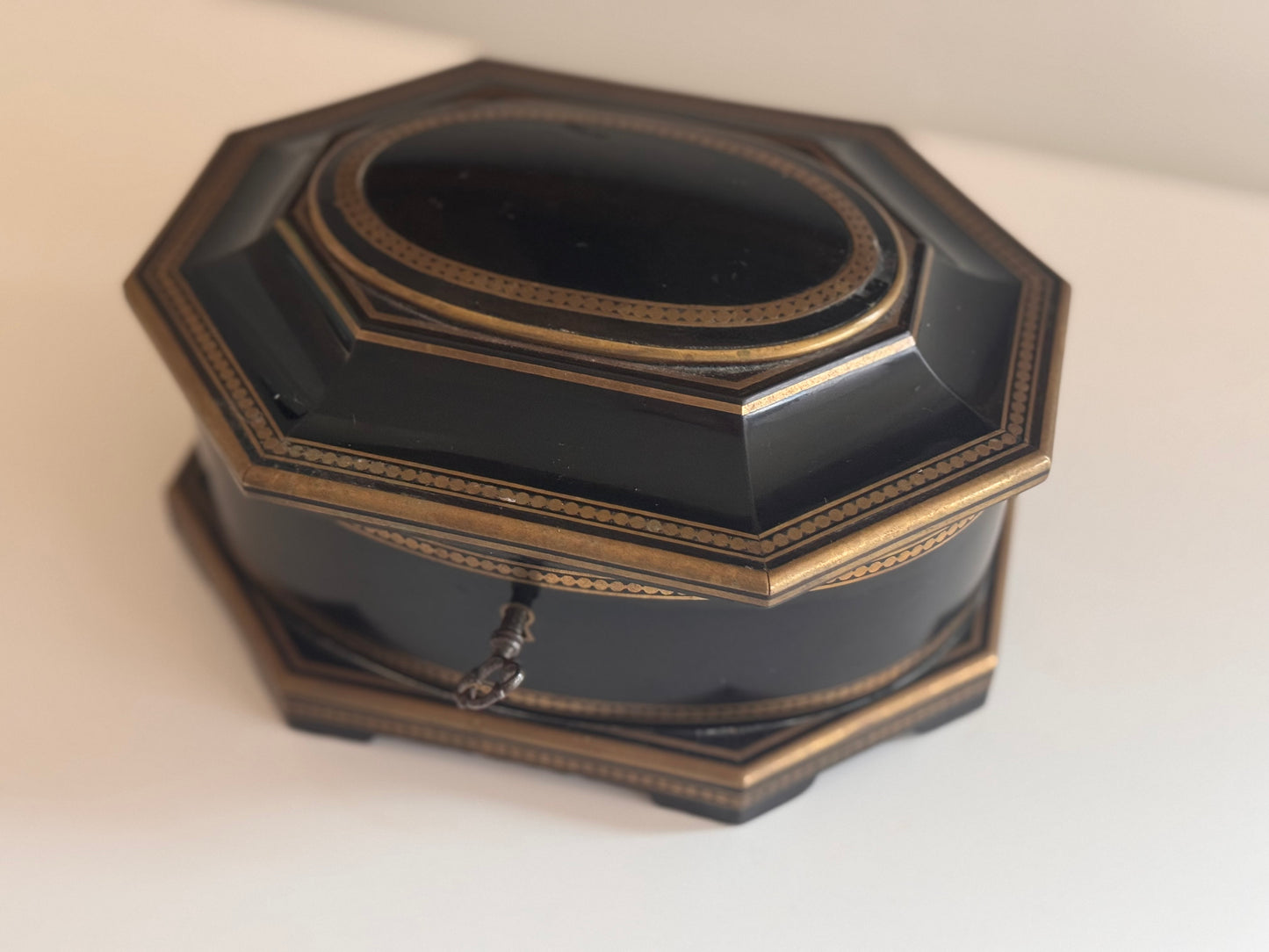 Antique 19c French Tahan Signed Blackened Wood & Brass Jewelry Box With Key