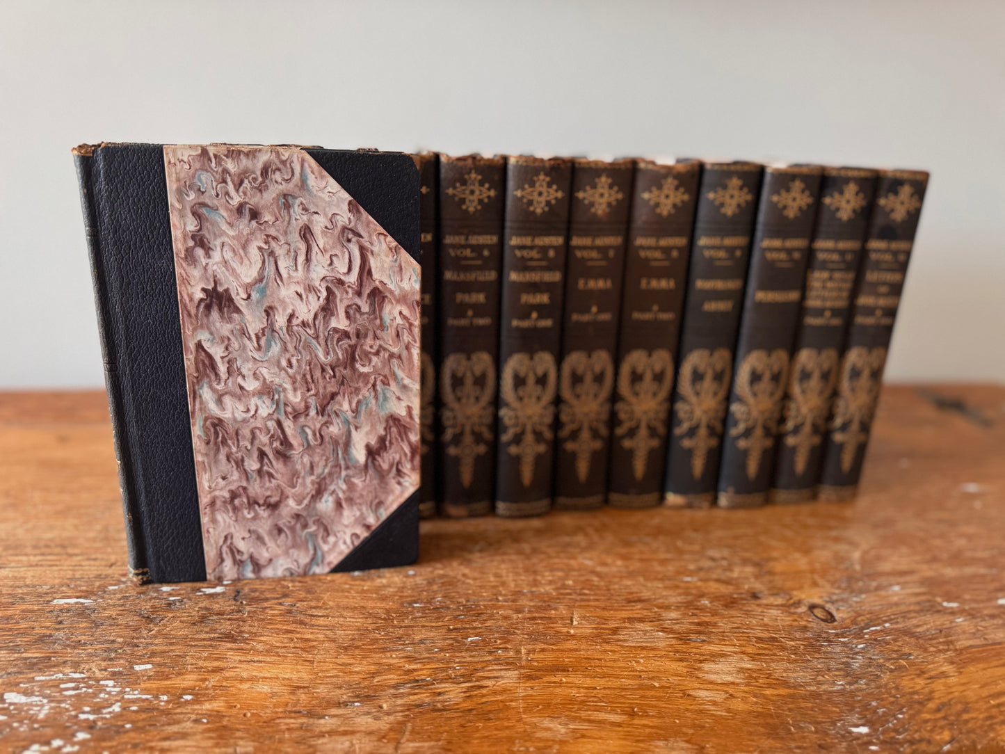 RESERVED Antique Full 12 Vol Set Jane Austen Novels Manydown Edition 1906 Black Leather & Marble Binding Pride & Prejudice