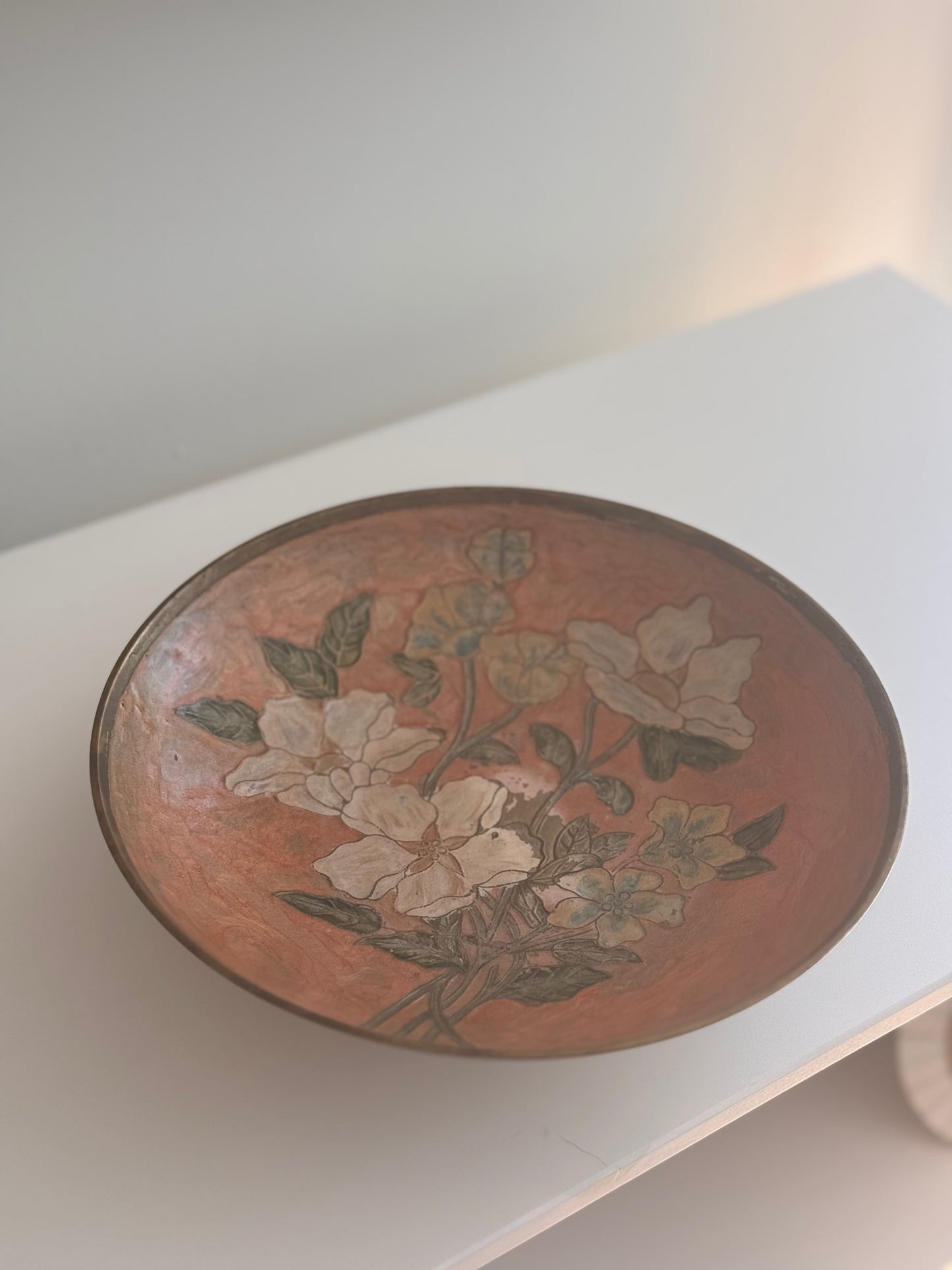 Vintage Brass Cloisonné Floral Pink Peach Pedestal Bowl Centerpiece