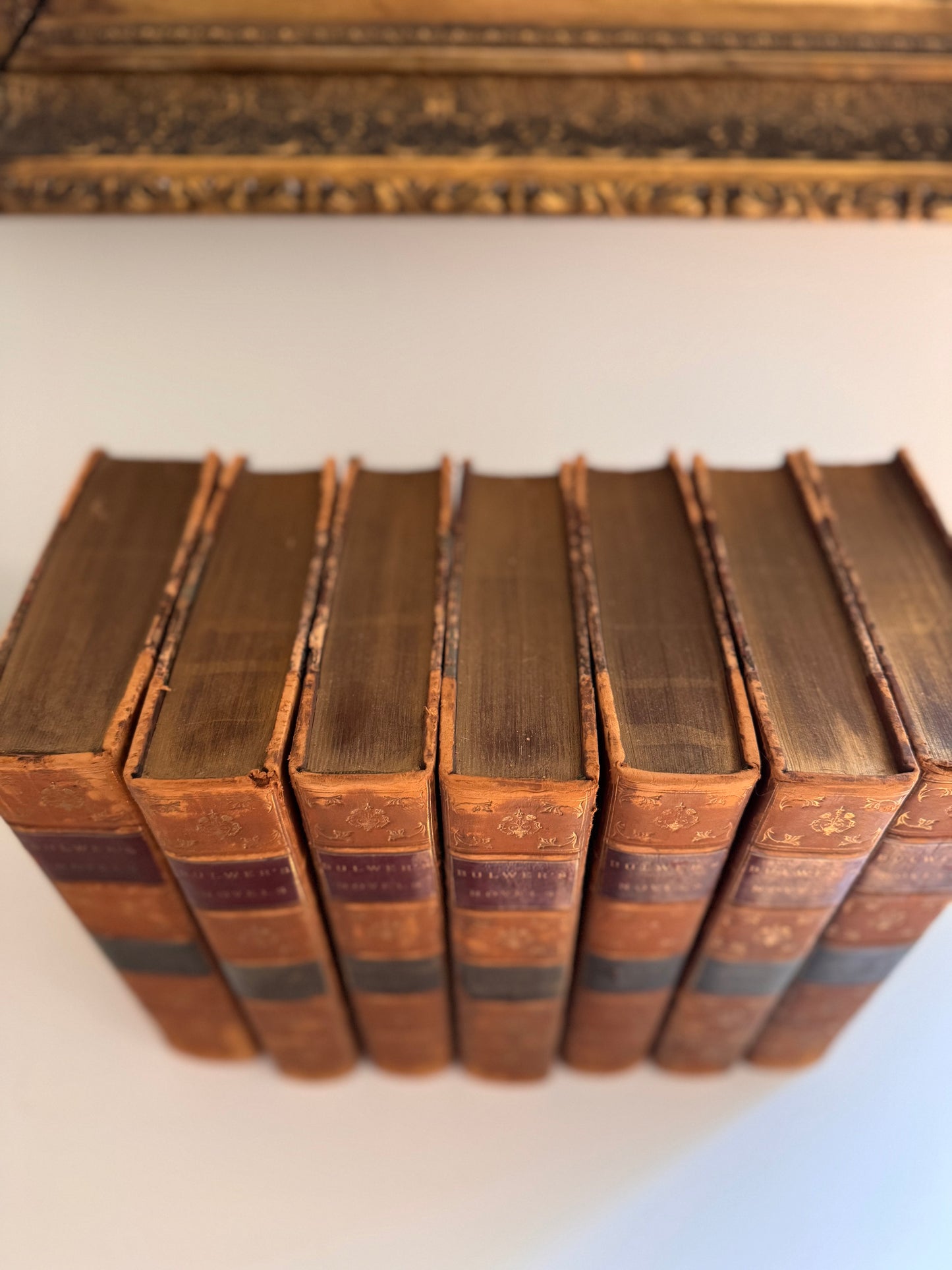 Antique 19c Set of 7 Bulwer’s Novels Circa 1882 Half Leather Marbled Last Days of Pompeii Etc