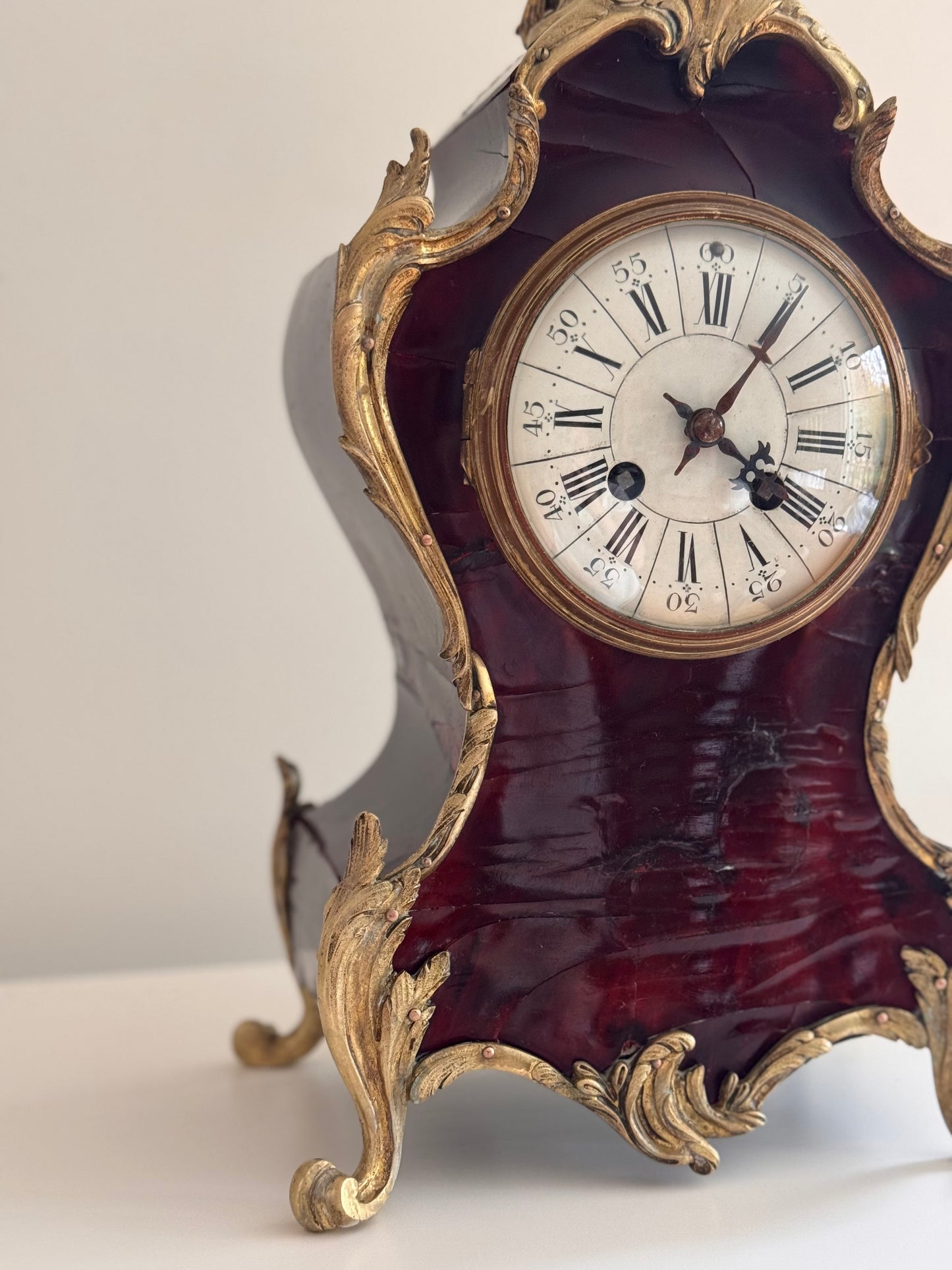 Working Antique Rococo Tortoise Shell Bronze Mantle Clock With Original Key