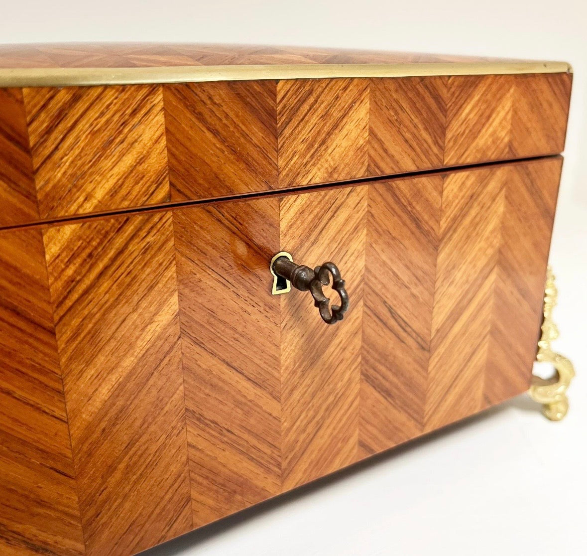 Antique Mid 19th C Napoleon III French Kingwood Ormolu Parquetry Tea Caddy w/Key