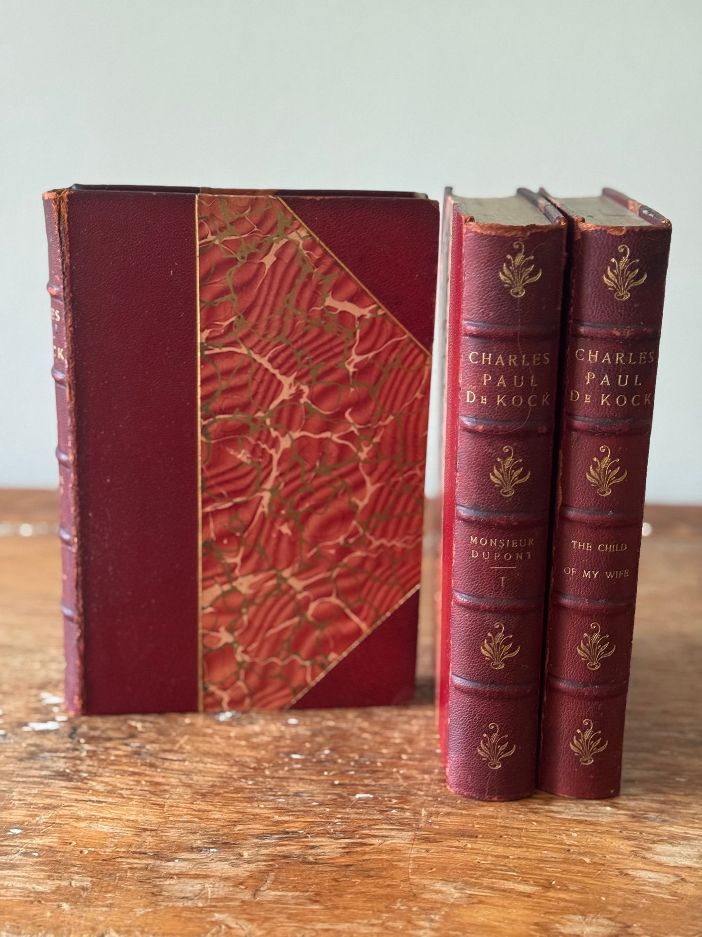Antique Leather Marbled Set Of Works By Charles DeKock 1903