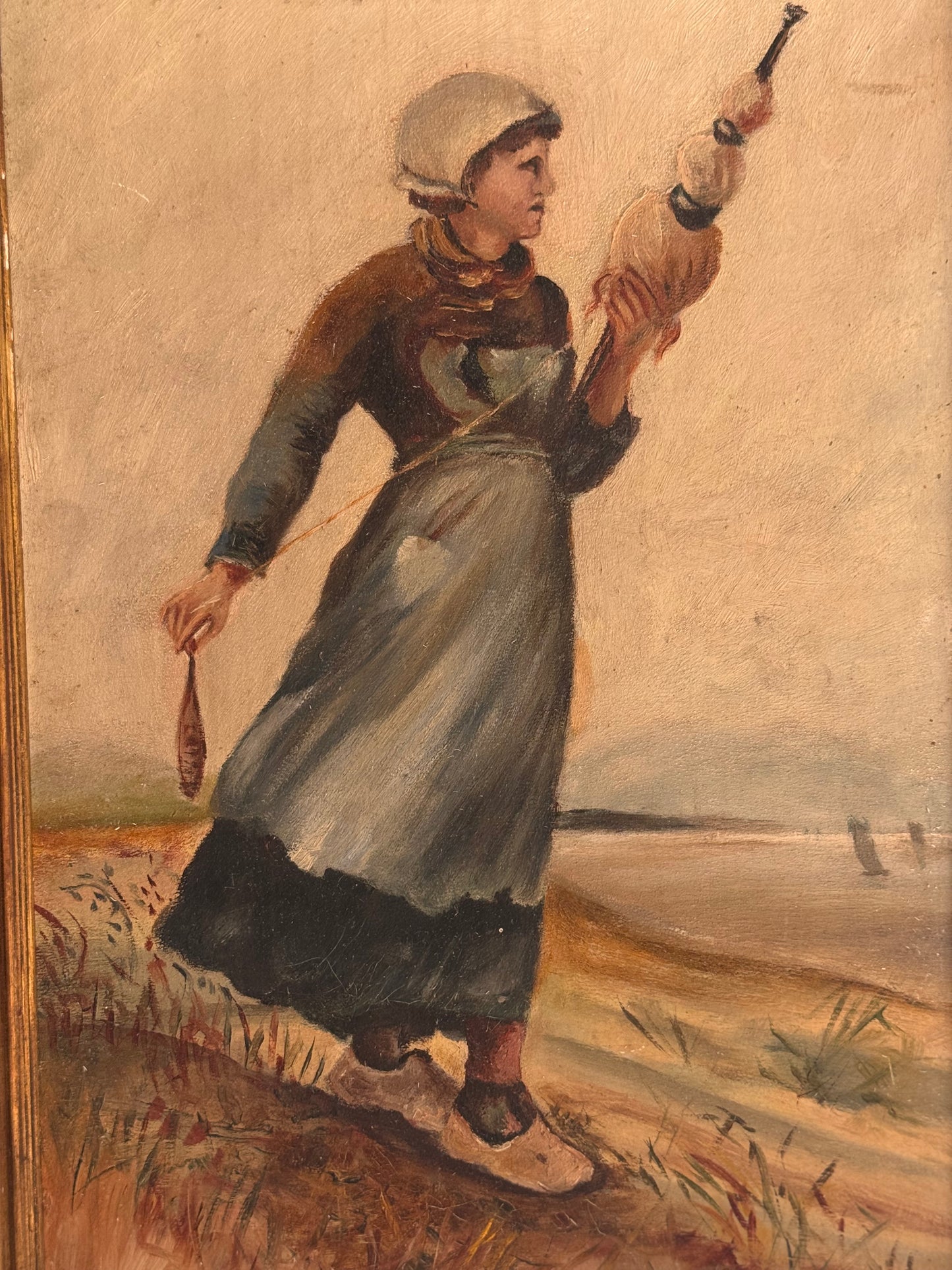 Antique 19c Oil on Board Portrait After Walter Satterlee’s The Spinner Painting