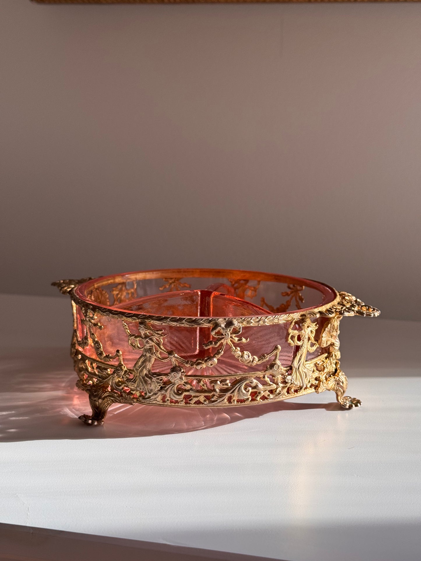 Antique Pink Cut Glass And Gilded Metal Brass Trinket Dish Swags Floral Lady