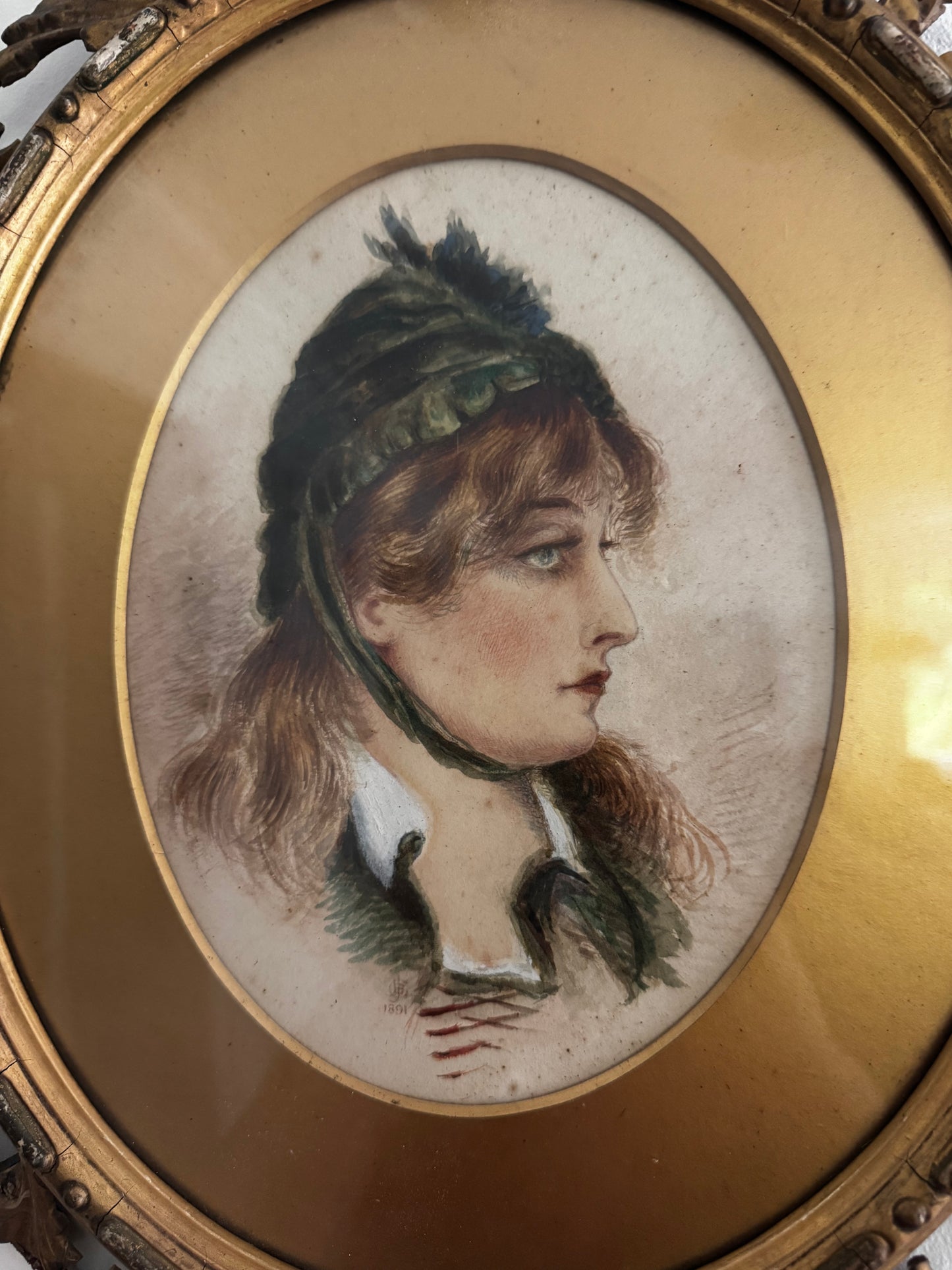 Antique Victorian Watercolor Portrait Painting Of A Woman Framed