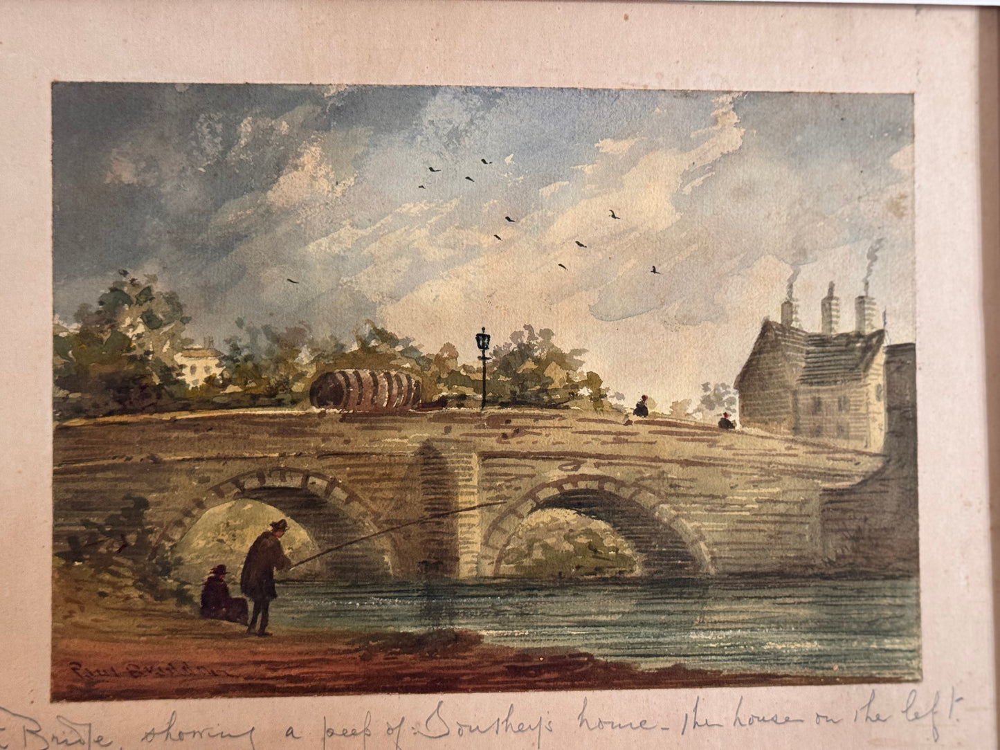 Antique Paul Braddon English Watercolor Robert Southey Bridge House Landscape