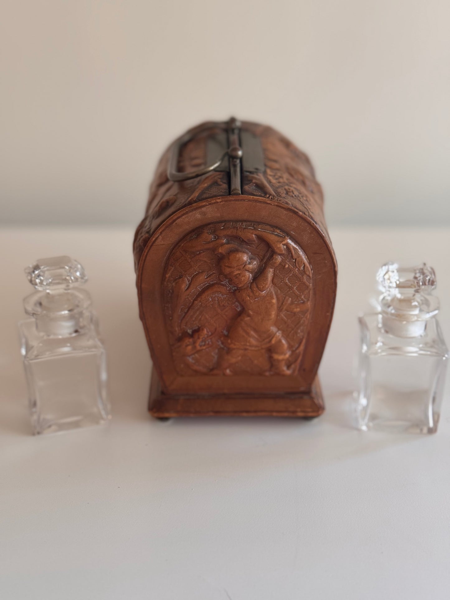 Antique Early 1900s Tooled Leather & Crystal Perfume Caddy Box w/Velvet Silk Lining