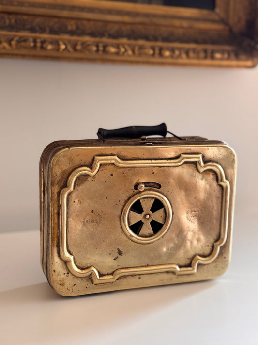 Antique French Depose Brass Portable Hand Foot Warmer With Handle Late 1800s