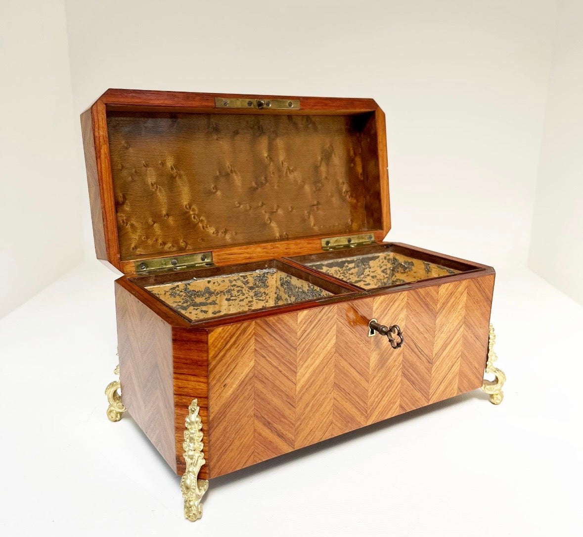 Antique Mid 19th C Napoleon III French Kingwood Ormolu Parquetry Tea Caddy w/Key