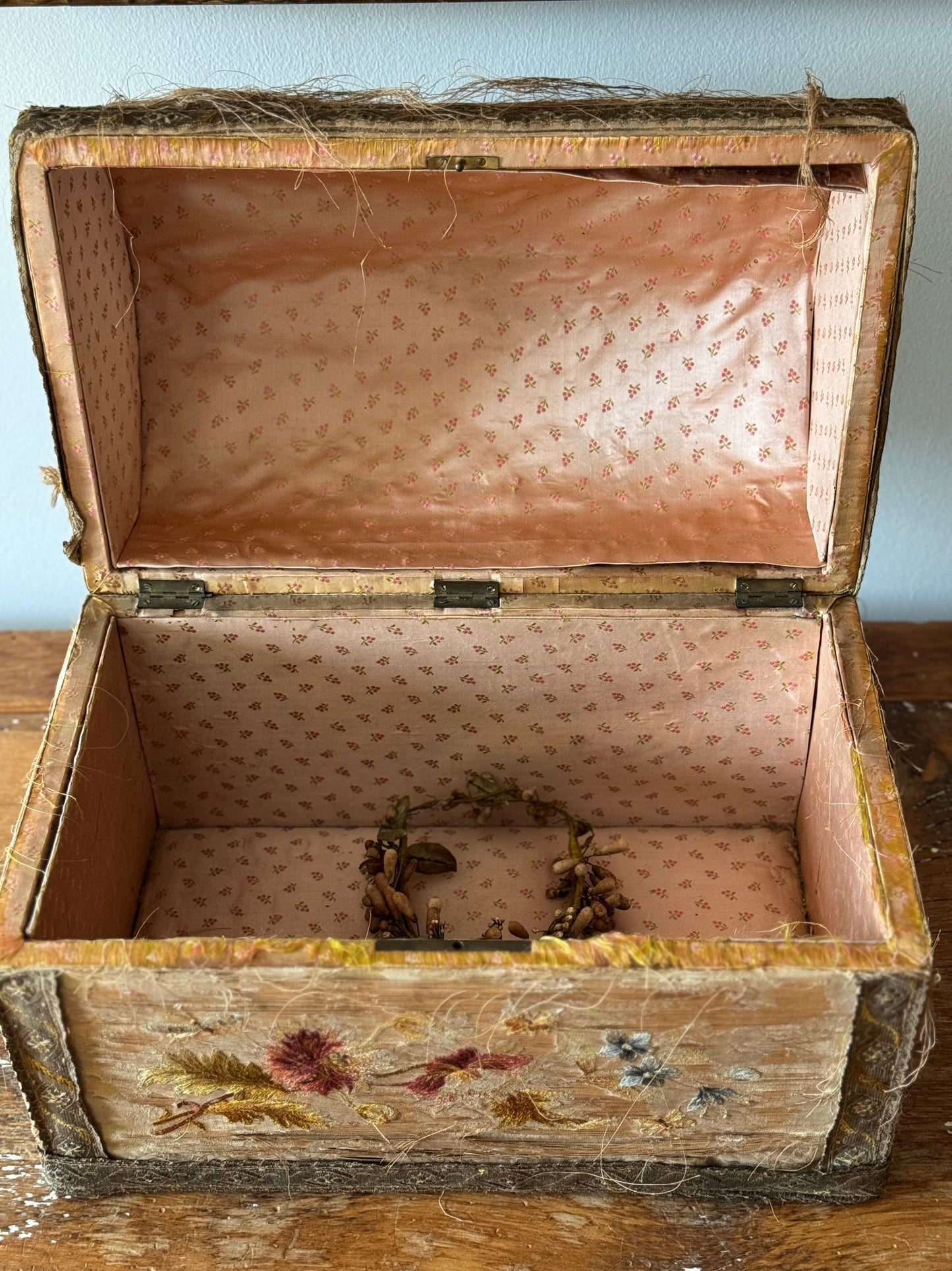 Antique Late 18th Century French Wedding Bridal Box Silk Fabric & Crown