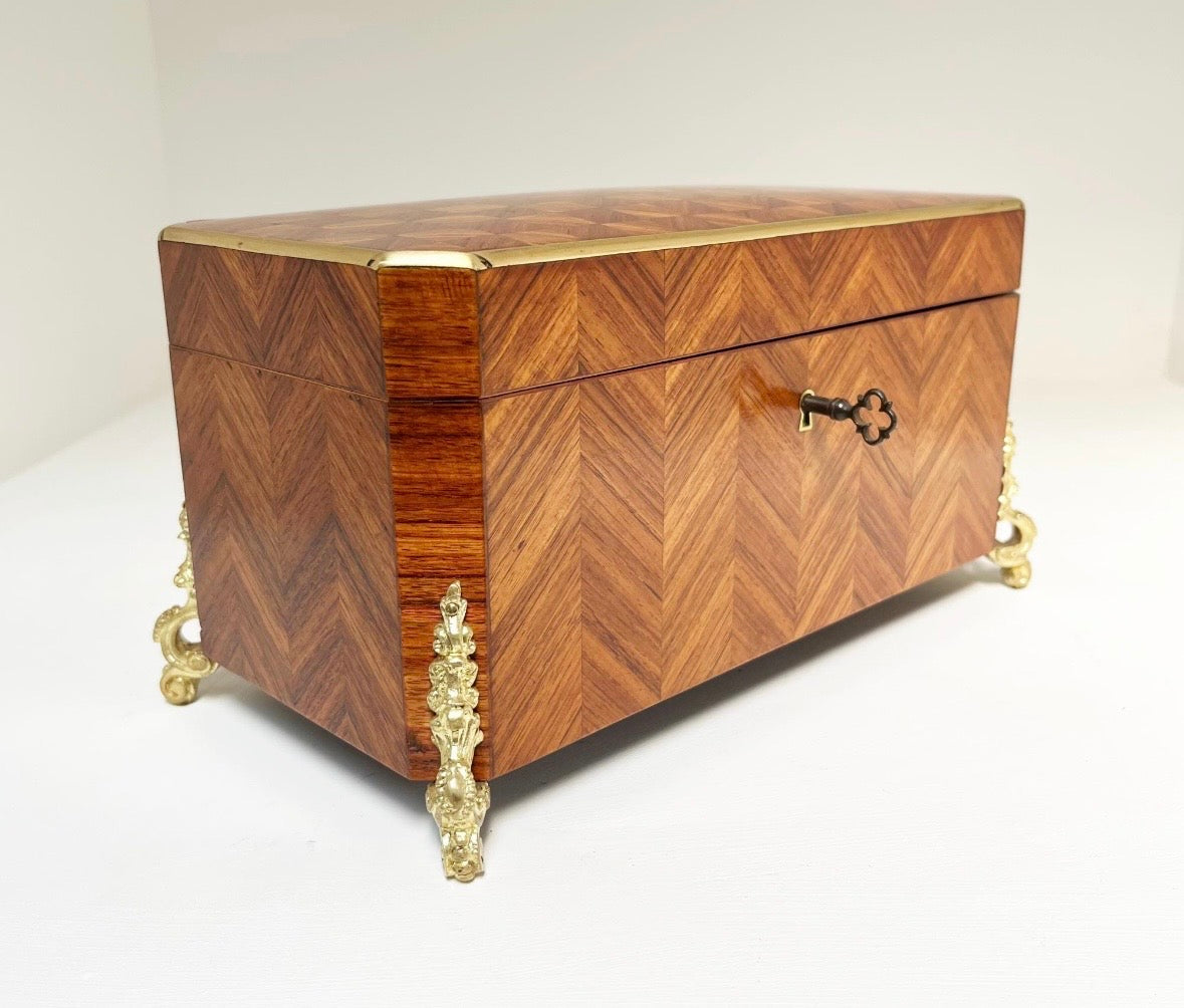 Antique Mid 19th C Napoleon III French Kingwood Ormolu Parquetry Tea Caddy w/Key