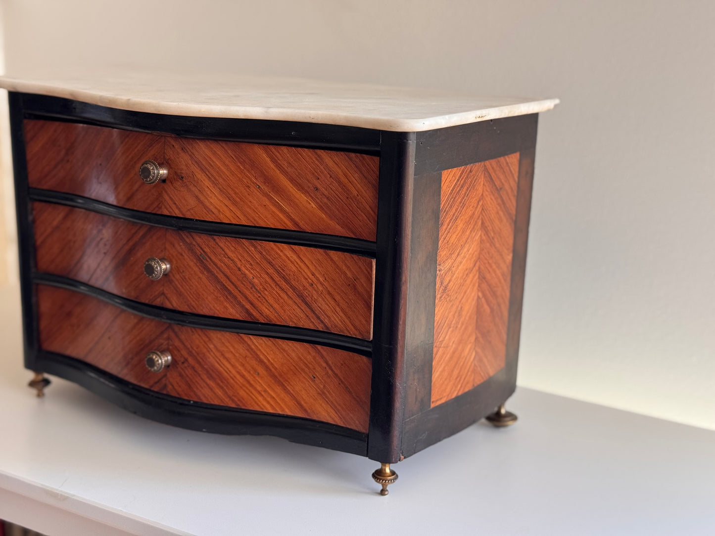 Antique Victorian French Napoleon III Marquetry Wood Marble Brass Salesman Sample Commode Dresser