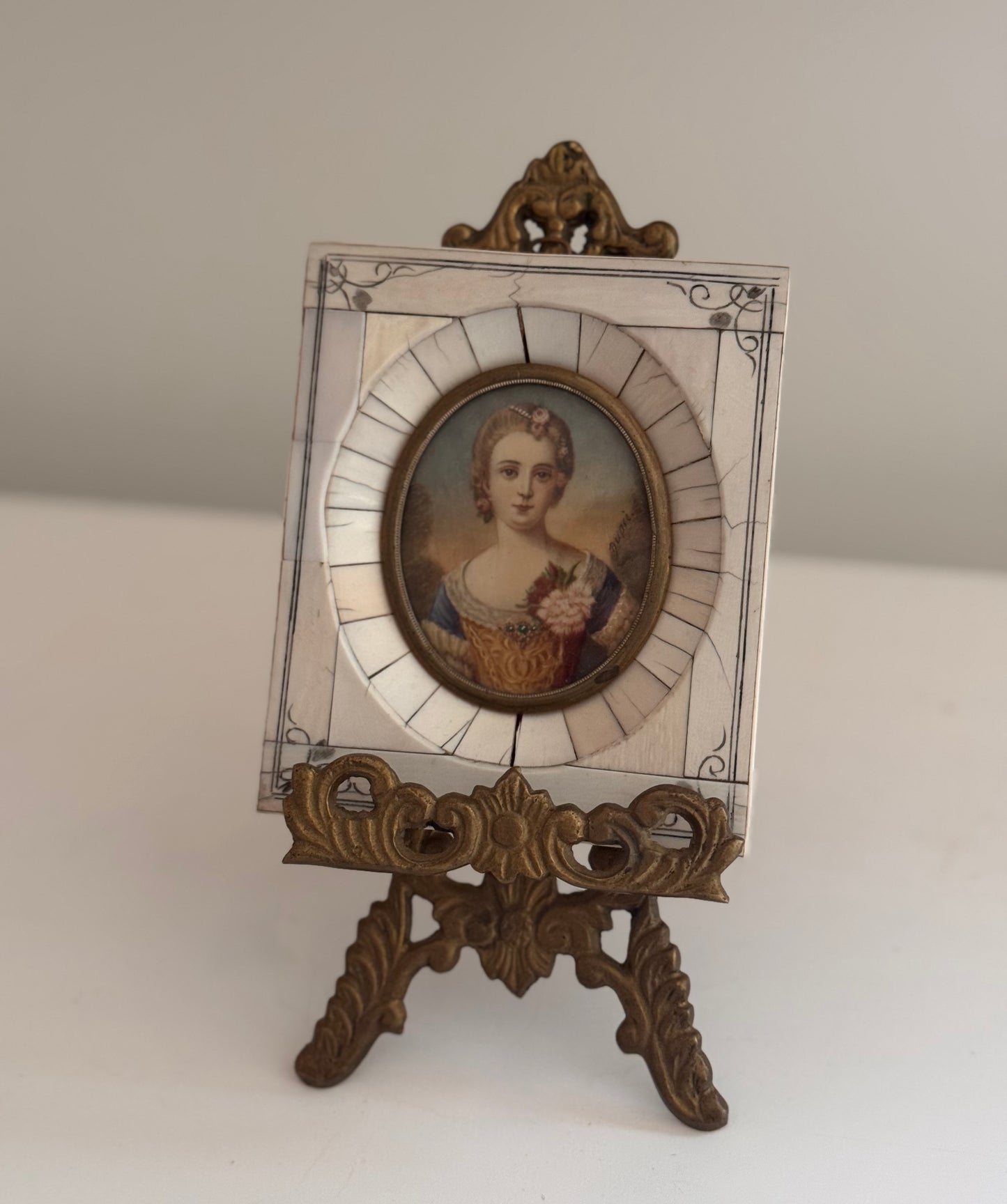 Antique 19c French Miniature Hand Painted Portrait of a Woman in Bone Frame