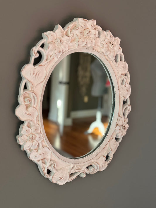 Antique Floral Wooden Oval Wall Mirror Cottage Core Shabby Chic