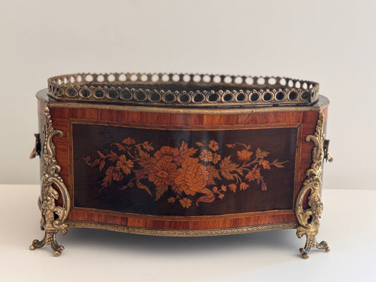 Antique 19c French Napoleon III Floral Marquetry Wood & Bronze Jardiniere Planter