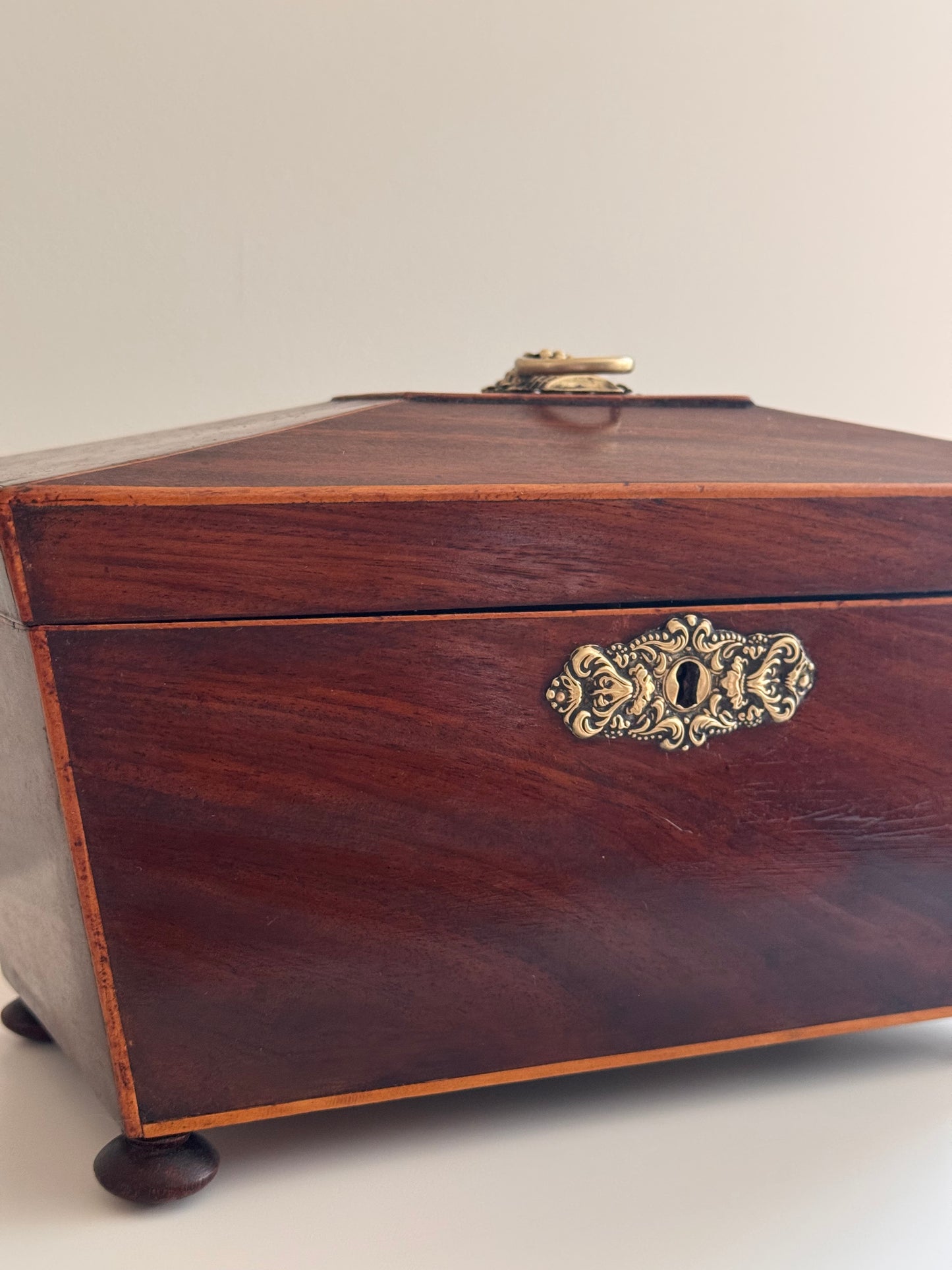 Antique Regency Wood Brass Sarcophagus Tea Caddy With Bowl Floral Detail