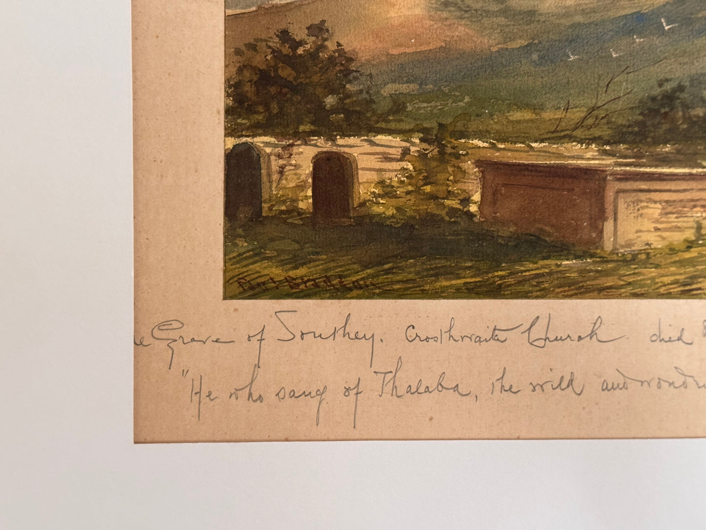 Antique Paul Braddon English Watercolor Painting Grave Robert Southey