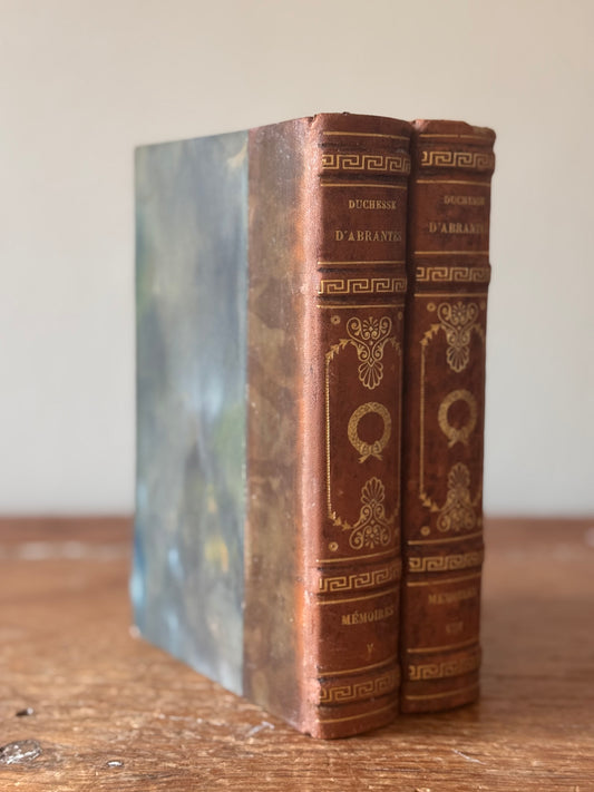 Antique French Book Set Duchesse D’Abrantes Leather Marble Binding Laurel Wreath